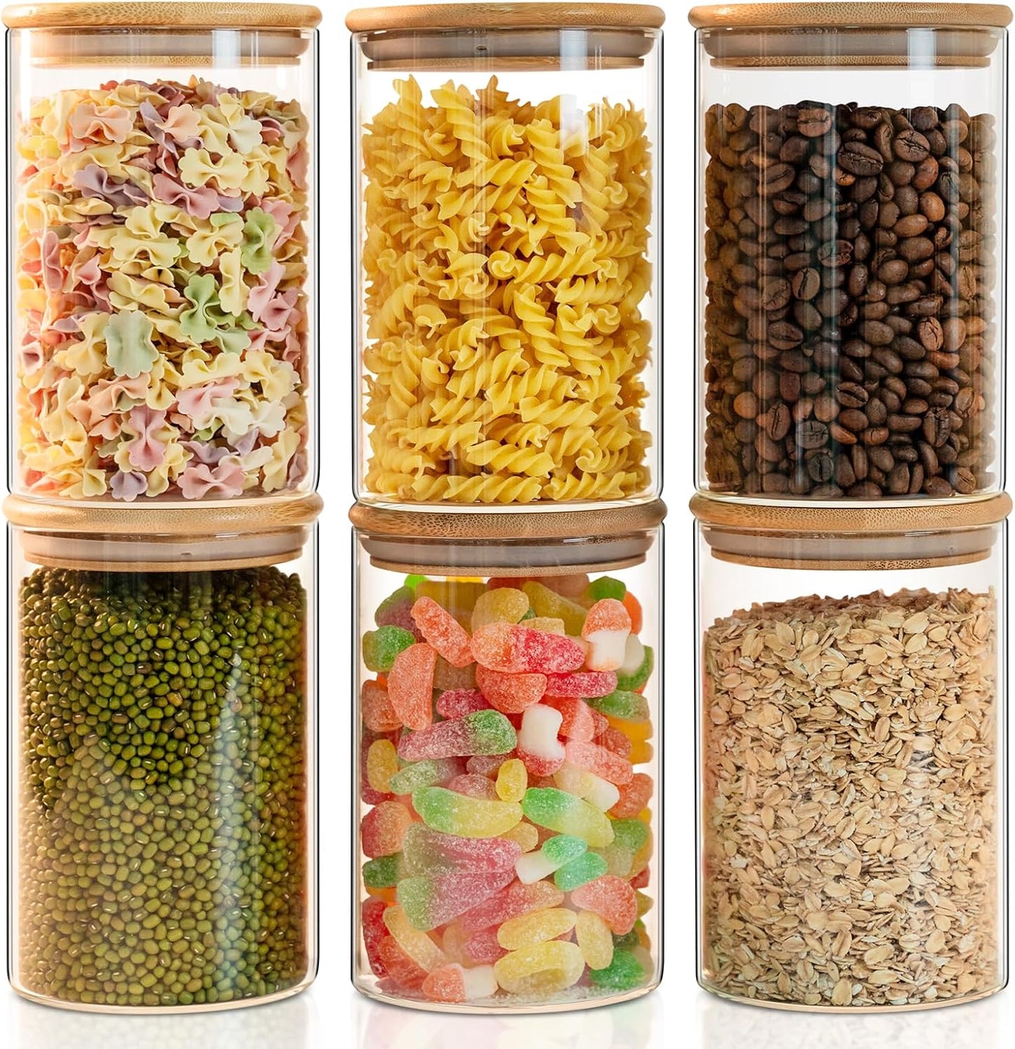 50oz Glass Food Storage Jars Set of 6,Glass Storage Containers Clear Glass Food Canister with Bamboo Lid Airtight For Serving Tea, Coffee, Flour, Sugar, Candy, Cookie, Spice and More (Round)