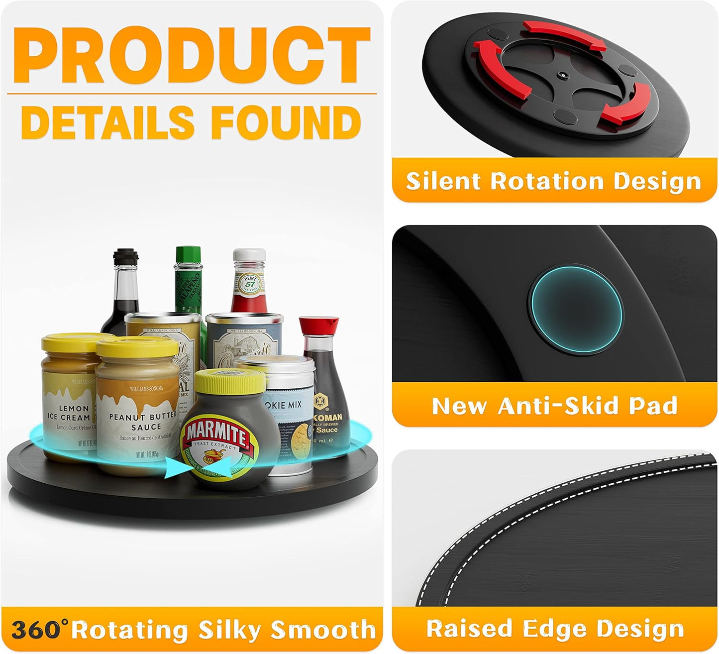 Lazy Susan Organizer Homerays 12 Inch Non-Skid Bamboo Lazy Susan for Kitchen Rotating Spice Rack for Kitchen Cabinet, Wood Turntable for Kitchen Countertop Organizer Black