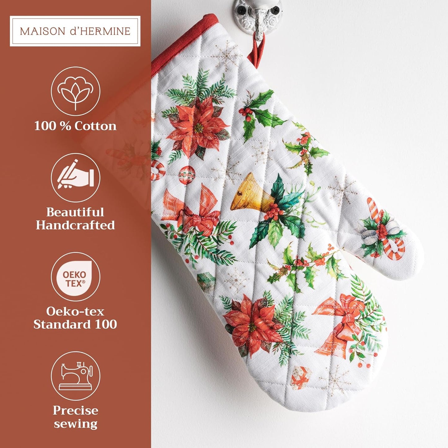 Maison d' Hermine Oven Gloves 100% Cotton Oven Mitt 7" x 13" with Loop Heat Resistant, BBQ, Cooking Gloves, Baking, Grilling, Kitchen, Handling Hot Pans (Pack of 1, Chromo)