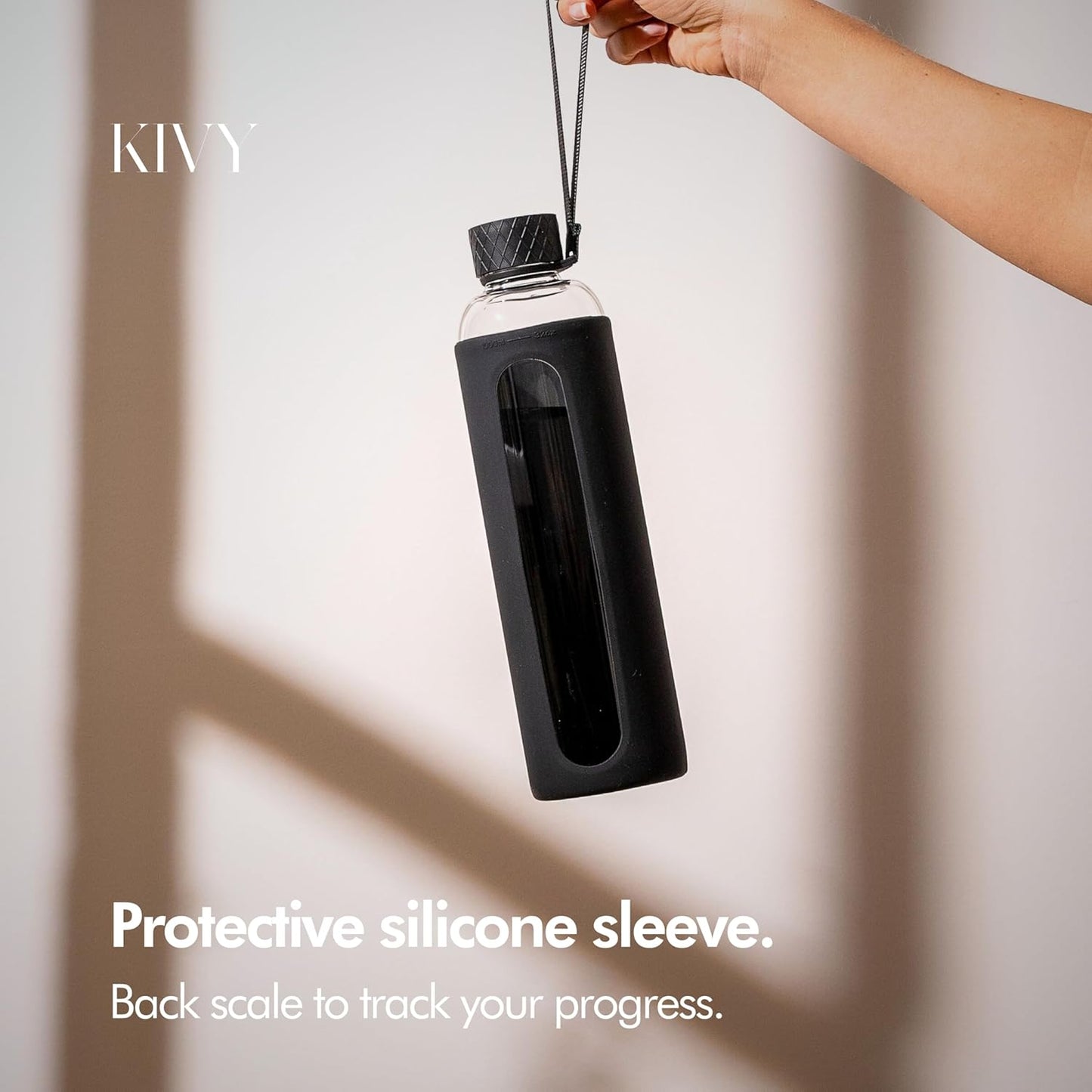 KIVY Glass Water Bottle with Silicone Sleeve 32 oz [WITH MEASUREMENT] - Borosilicate Glass Water Bottle Screw Top - Black Waterbottle Aesthetic - Clear Bottles with Measurement Marking