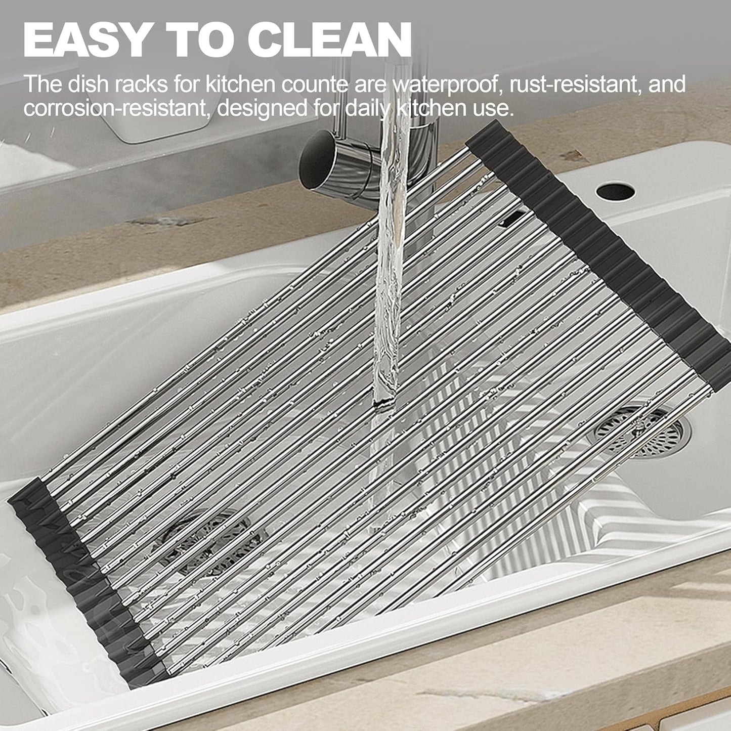 NEZUIBAN Dish Drying Rack with Roll Up and Over Sink for Kitchen,17.5"x15.7",Black