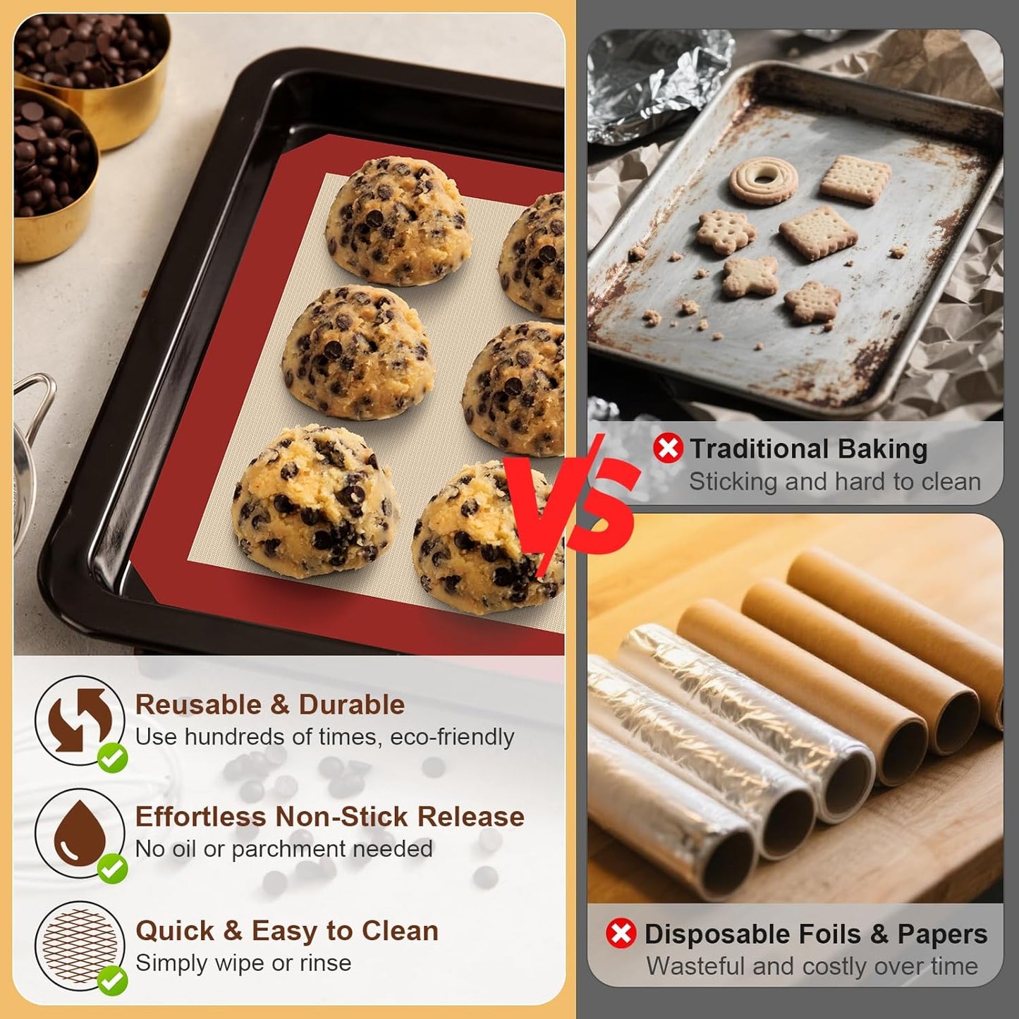 HOTEC Silicone Baking Mats 3 Pack – Non-Stick Reusable Silicone Baking Sheets for Oven – Cookie & Macaron Mats – 2 Half Sheet + 1 Quarter Sheet – BPA-Free, Dishwasher Safe