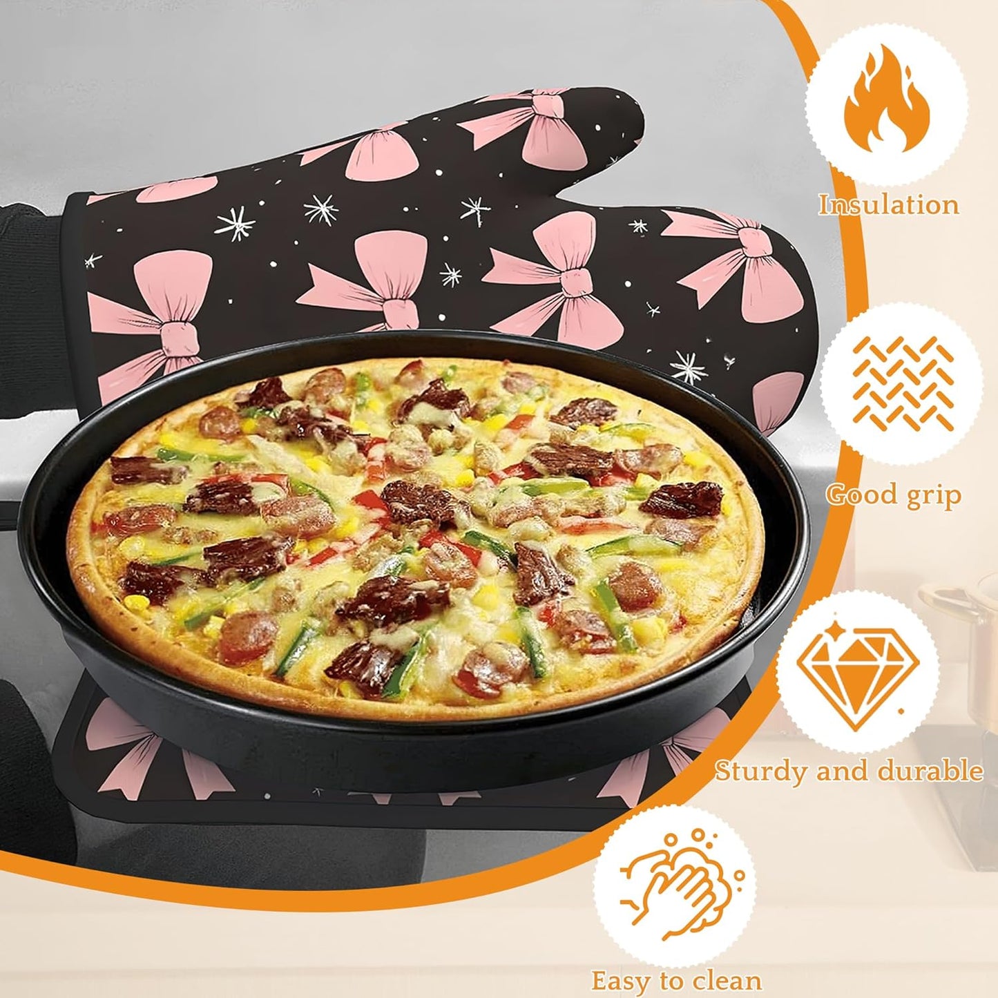 Cute Pink Bow Oven Mitts and Pot Holders,Heat Resistant Oven Mitts Gloves and Pot Holder for Home Kitchen Decorations Cooking Baking BBQ Gifts,Set of 4