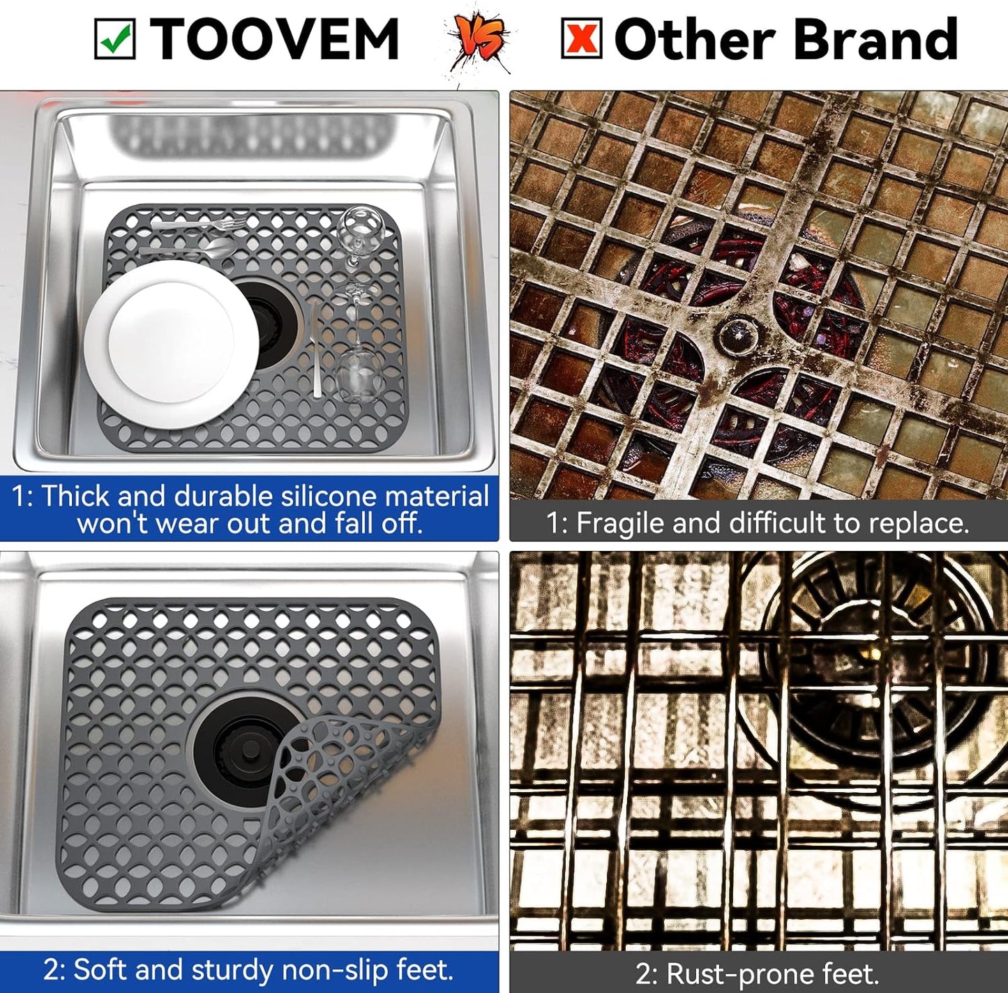 Kitchen Sink Mats, TOOVEM 2PCS Non-Slip Heat Resistant Silicone Sink Protector Mat for Bottom of Stainless Steel Porcelain Sink, Folding Farmhouse Rear Drain Sink Mats, Center Drain