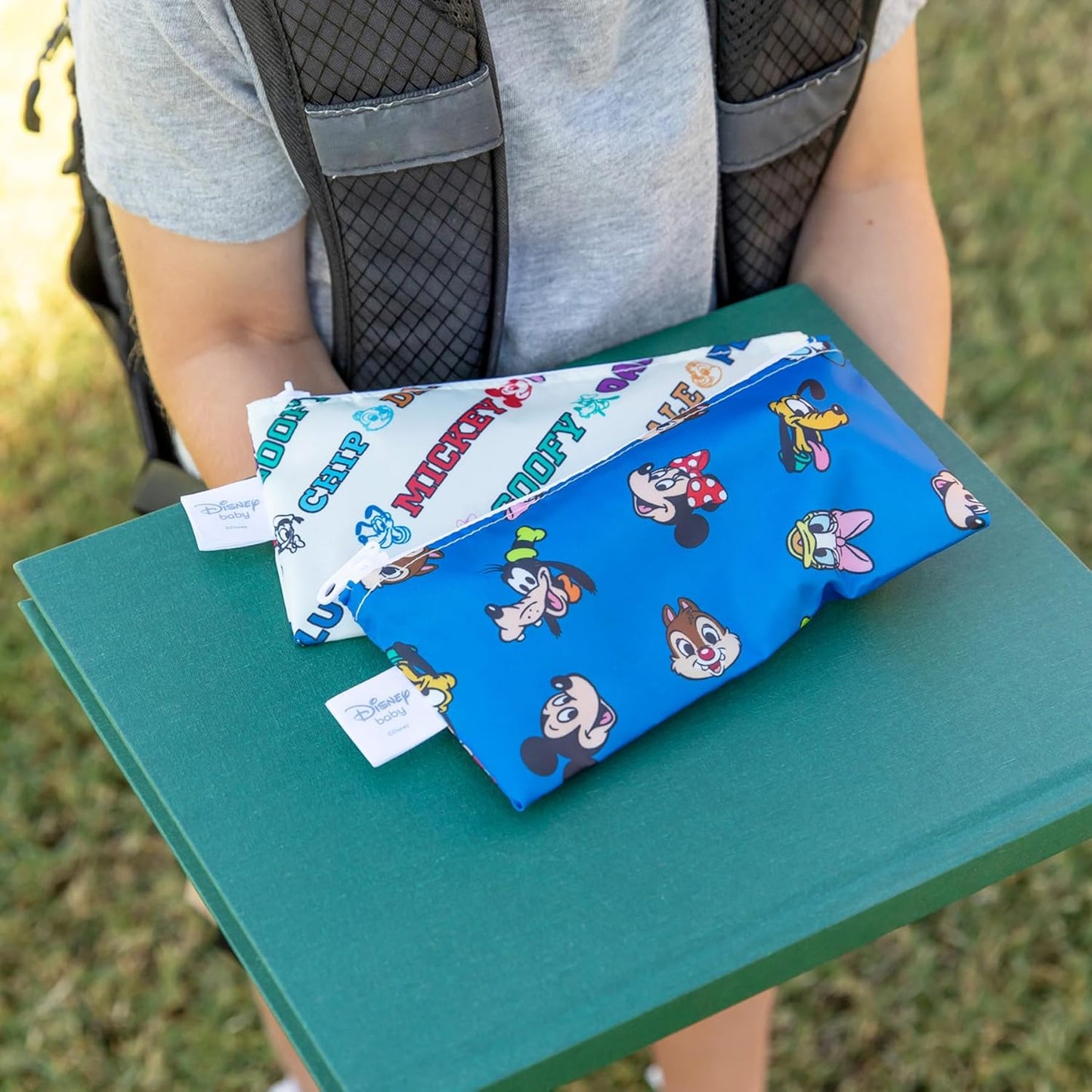 Bumkins - Cloth Snack & Sandwich Bags - For Storage, Travel, Food Prep, Lunch - Reusable, Water Resistant, Washable, Dishwasher Safe - Snack Bags for Kids -Zipper Closure -Mickey & Friends MVP -4 Pack