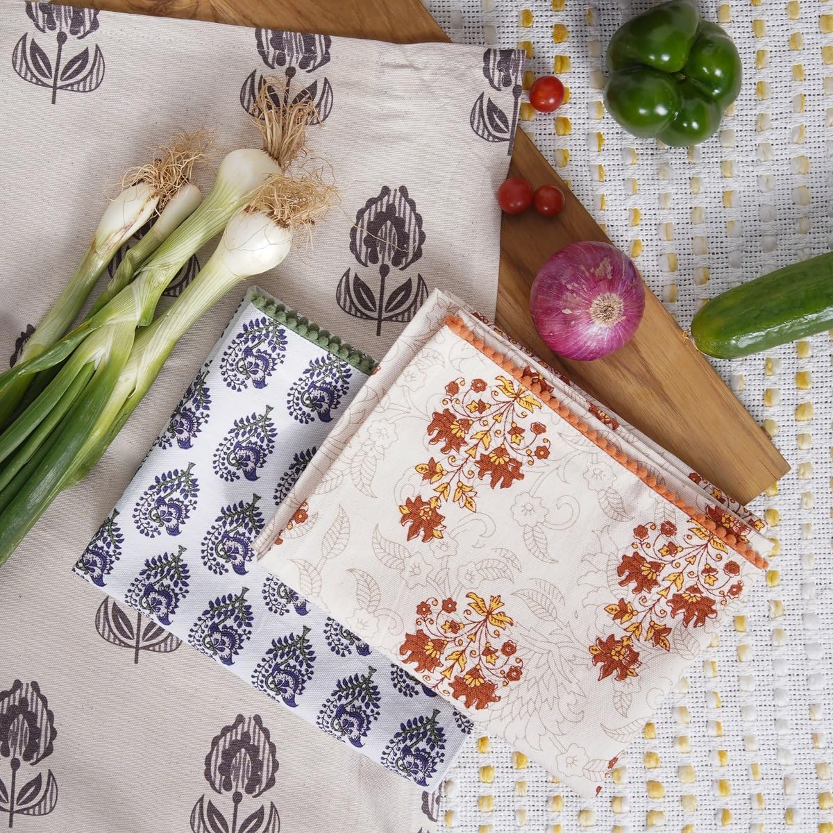 Printed Kitchen Dish Bar and Tea Towels Cotton, 18x28 inch with Trims, Cotton Dish Towel Sets (Multicolor Motif, Set of 3)