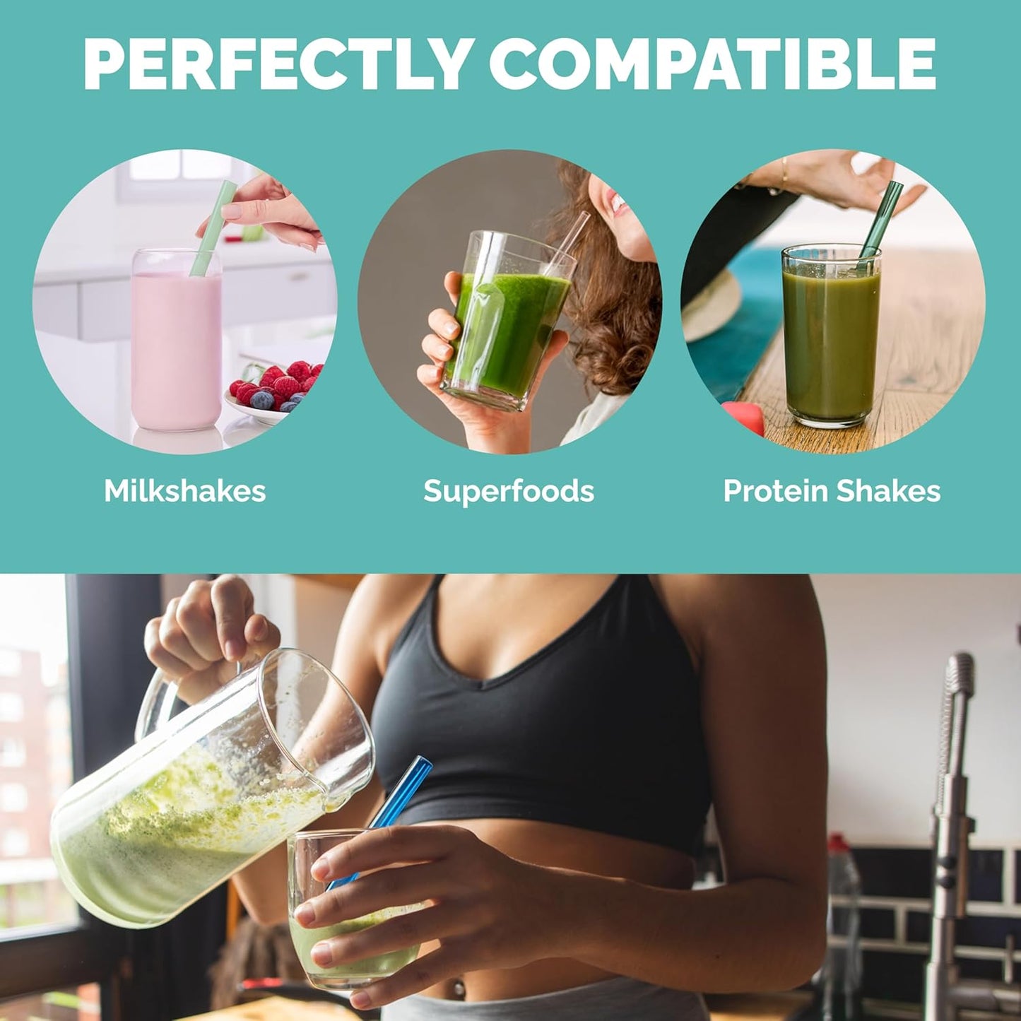 Simply Straws Wide Glass Straws (6-Pack) - 10in x 12mm Reusable Glass Smoothie Straws for Milkshakes, Juices & Slushies, with Cleaning Brush - Dishwasher Safe, Hot & Cold Use, BPA-Free (Meadow)