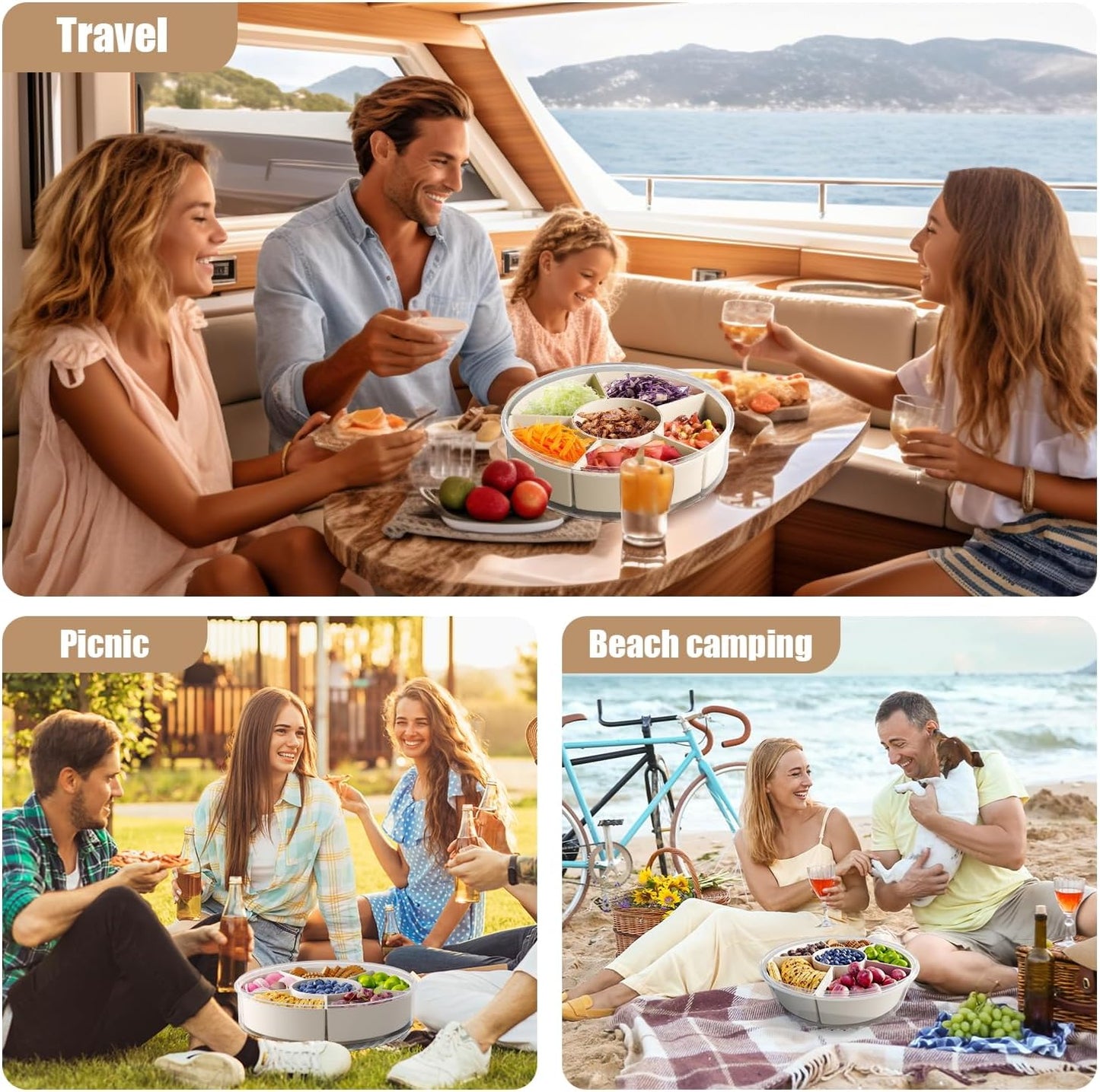 Divided Serving Tray with Lid and Handle,Large Snack Spinner,Snackle Box Container, Multi-Purpose Food Platter for Charcuterie Veggie Fruit, Taco Tuesday Movie Night Travel Beach Picnic Essentials