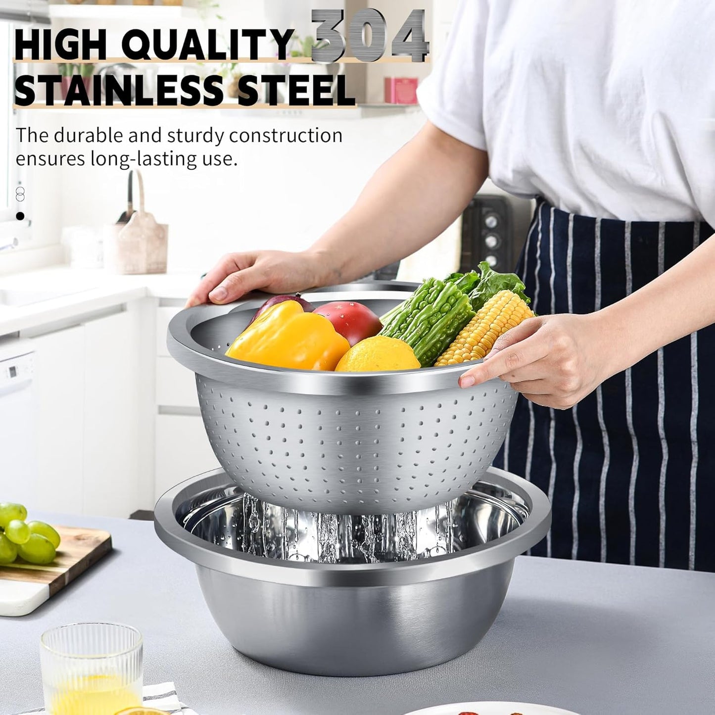 Colander 304 Stainless Steel 5-quart with Mixing Bowls, Strainer for Kitchen Food For washing vegetables, fruit, rice, Dishwasher Safe. (2PC)