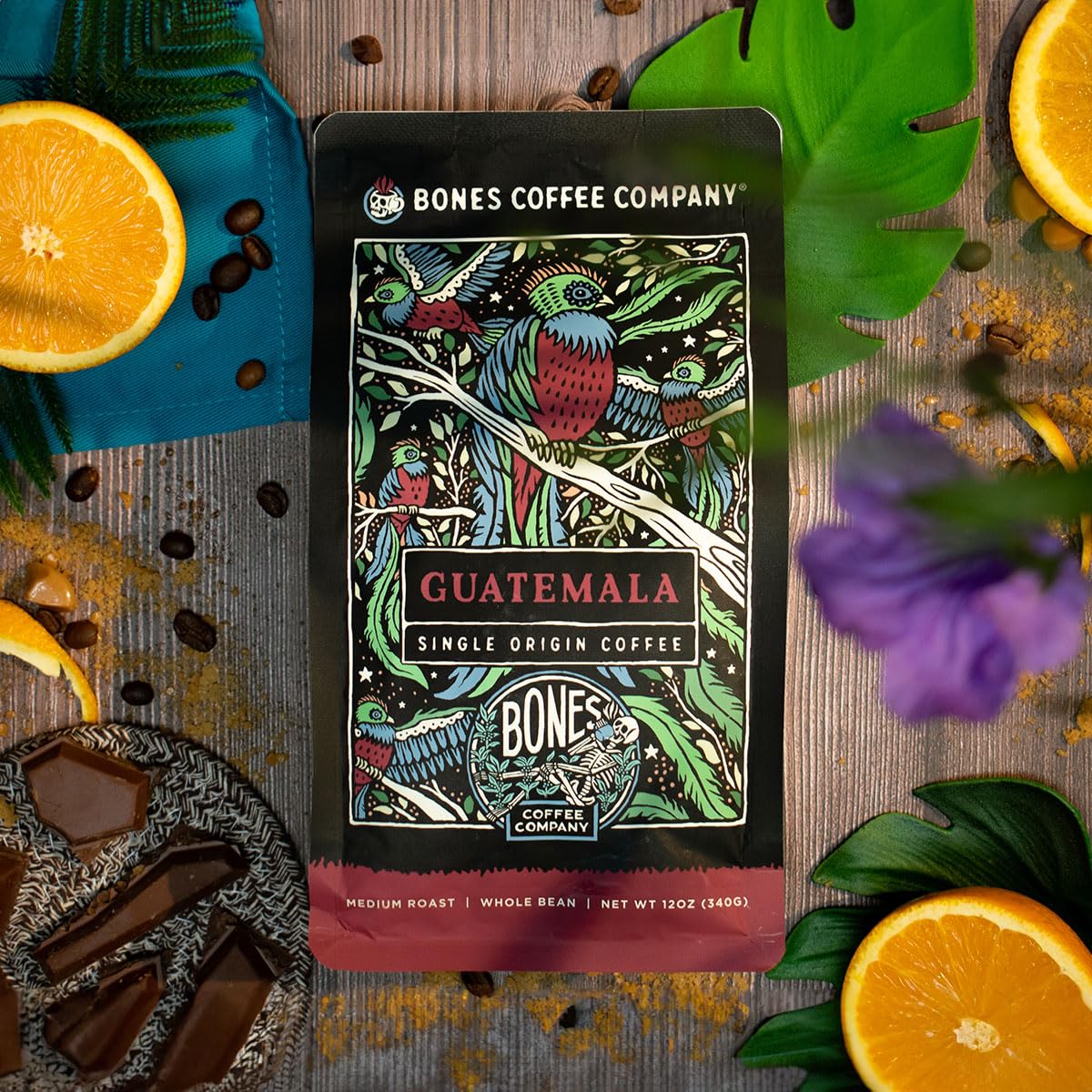 Bones Coffee Company Guatamela Single-Origin, Milk Chocolate, Citrus and Caramel Notes, Ground Coffee Beans, Low Acid Medium Roast Arabica Beans Flavored Coffee, 12 oz Ground