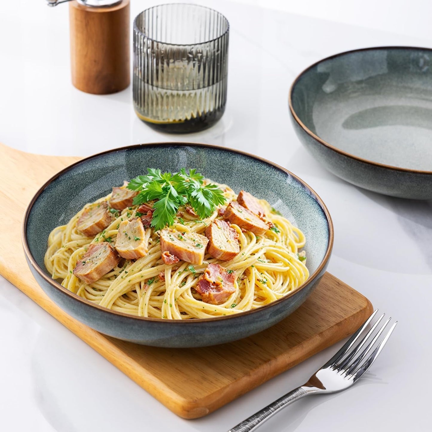 AmorArc 8.5'' Large Pasta Bowls, 36oz Ceramic Pasta Serving Bowls Set of 6 for Kitchen, Wide Bowls for Pasta,Salad,Oatmeal, Microwave Safe, Ocean Blue