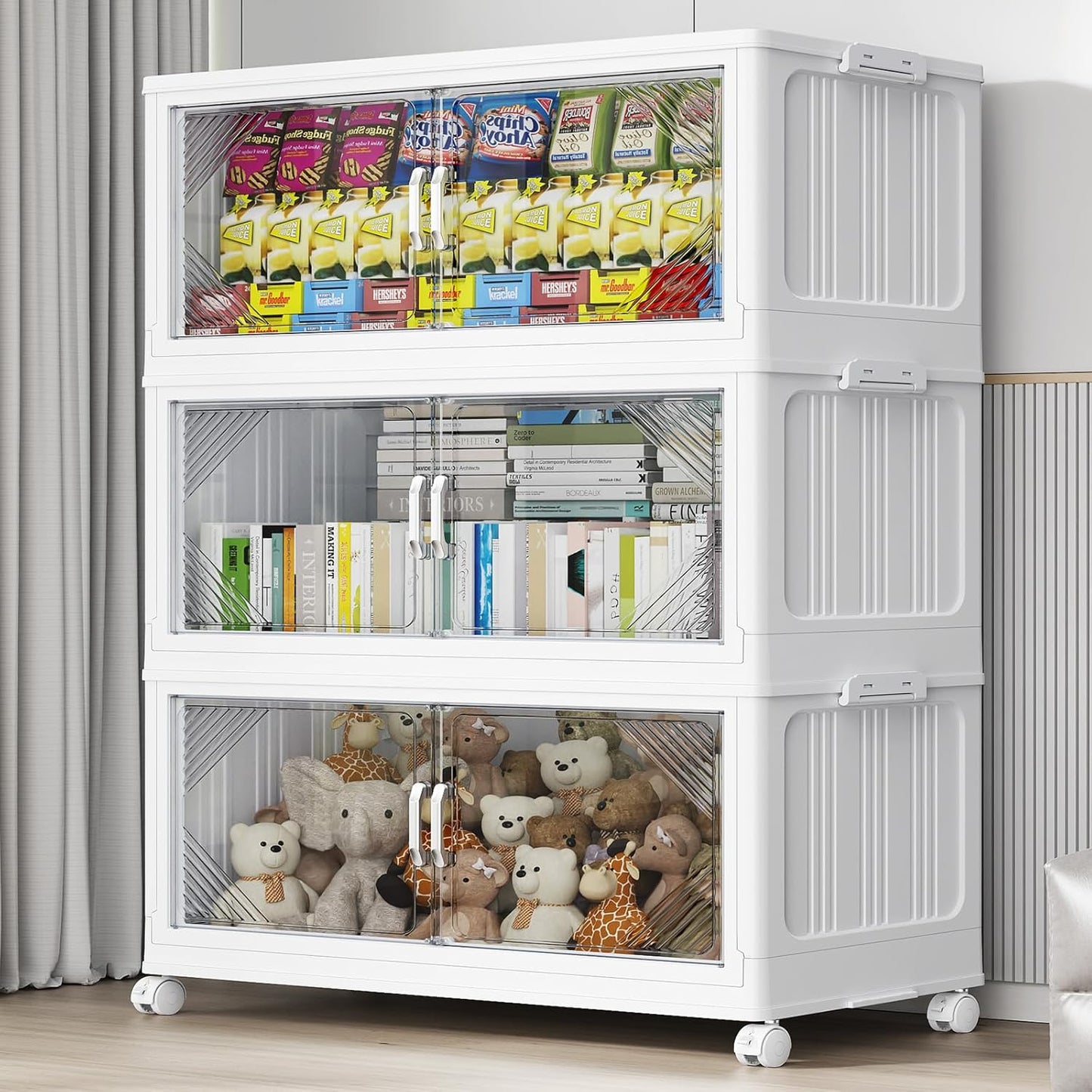 105Gal Plastic Stackable Storage Bins with Lid, 420QT Extra Large Closet Organizers Collapsible Cabinets Boxes With Drawers, Foldable Containers with 4x Wheels for Home Kitchen, V60 3Pack White