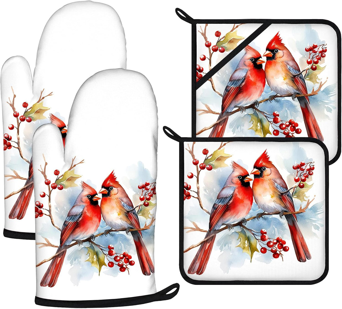 Red Cardinal Birds Oven Mitts and Pot Holders Sets 4Pcs,Extra Long Oven Gloves Potholder for Kitchen Cooking Baking BBQ 100% Cotton Heat Resistant