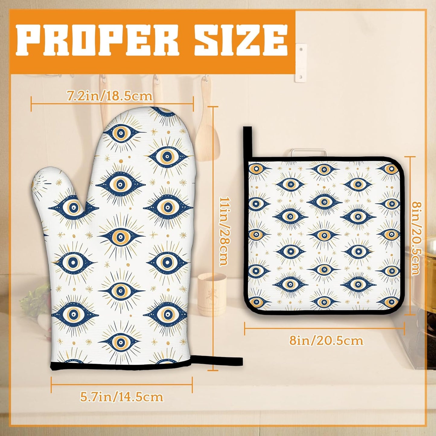 Evil Eyes Oven Mitts and Pot Holders,Heat Resistant Oven Mitts Gloves and Pot Holder for Home Kitchen Decorations Cooking Baking BBQ Gifts,Set of 4