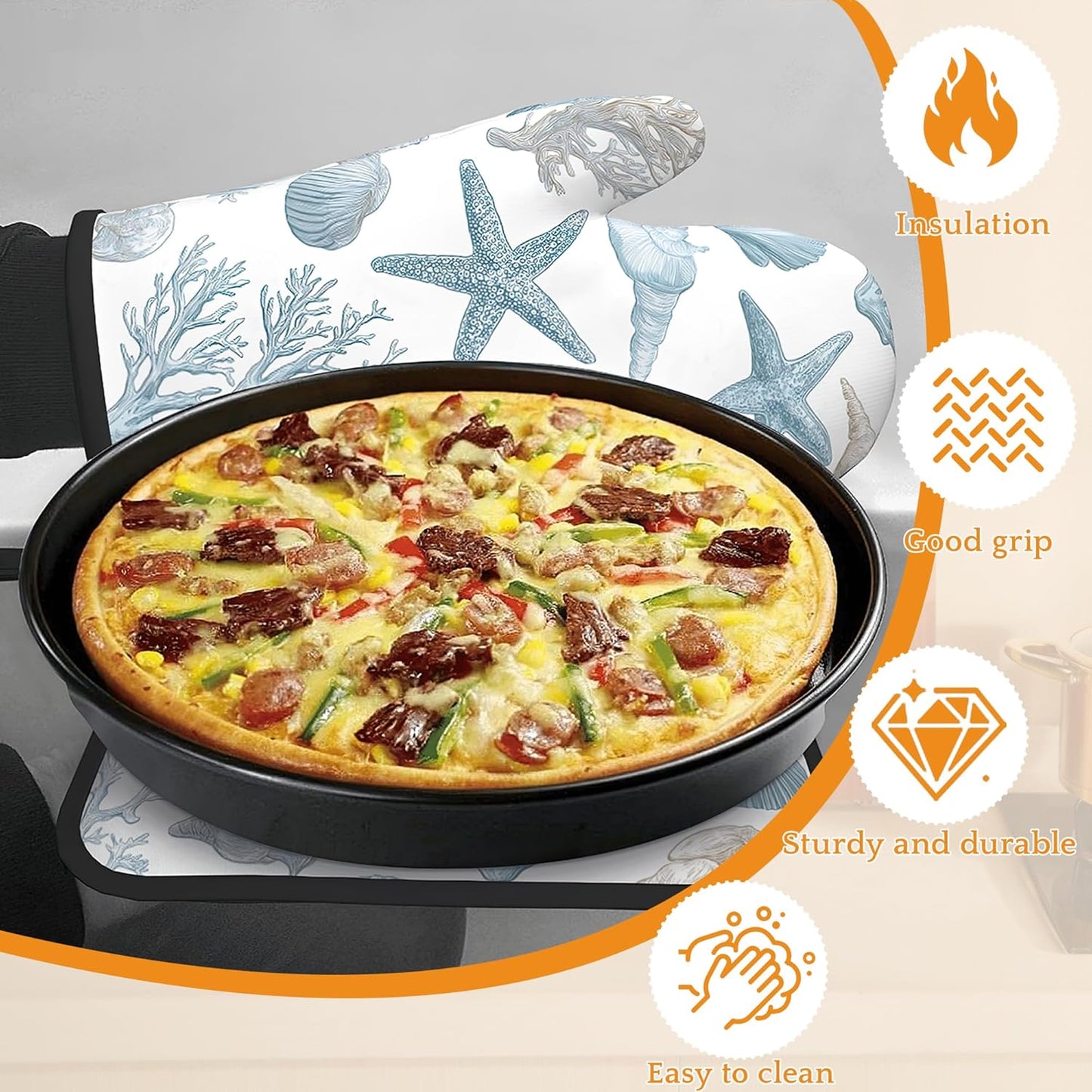 Starfish Oven Mitts and Pot Holders Set,Coral Shell Kitchen Oven Gloves and Pot Holder with Heat Resistant Non Slip for Cooking Baking Grilling(4 Piece Set)