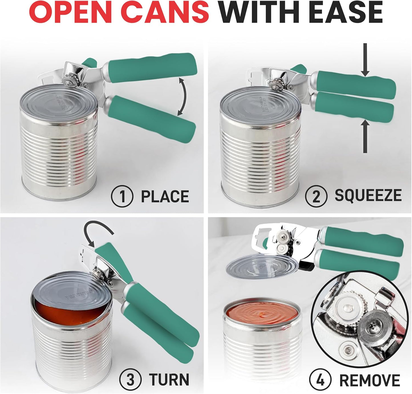 Zulay Kitchen Heavy Duty Stainless Steel Can Opener Manual with Bottle Opener - Rust Proof Manual Can Opener With Turn Knob & Comfy Soft Grip Handles - Pine Green