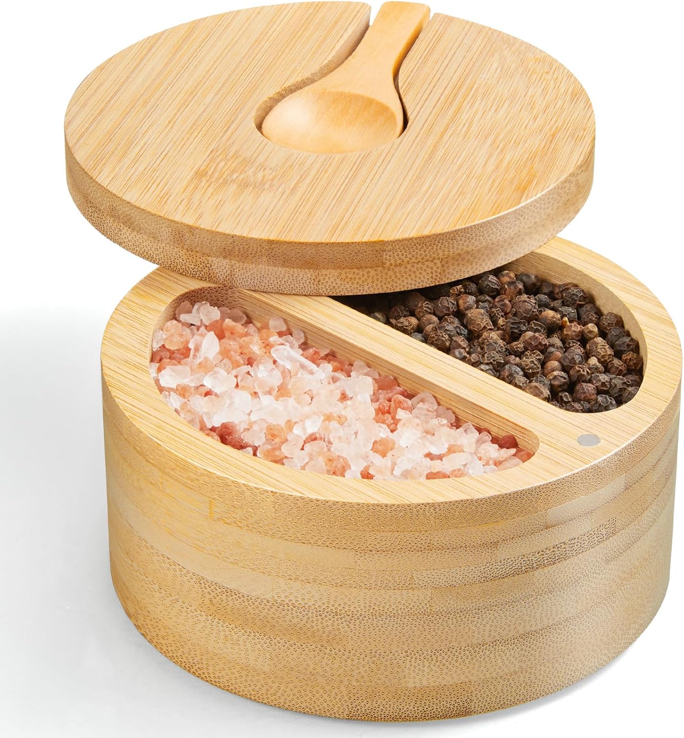 2-Compartment Salt Box with Lid and Spoon, Bamboo Salt Cellar with Swivel Lid, Salt and Pepper Bowls for Salt & Spices, Dual 6 oz Salt Container