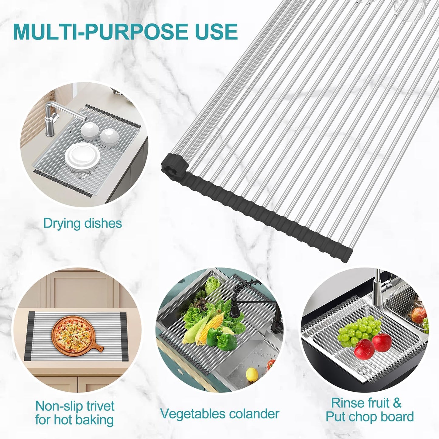 BBXTYLY Extra Large Expandable Roll Up Dish Drying Rack,Over The Sink Drying Rack Sink Cover Kitchen Sink Accessories Kitchen Rolling up Stainless Steel Drainer, Foldable,Rollable（Black，22.8''-17''）