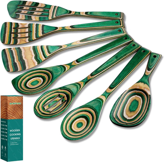 Kitchen Pakkawood Wooden Spoons for Cooking – 7-Piece Kitchen Utensil Set with Spatula, Corner Spoon, Rice Paddle – Nonstick Safe Durable Wooden Cooking Tools for Home Kitchen by Howhong (Oasis)