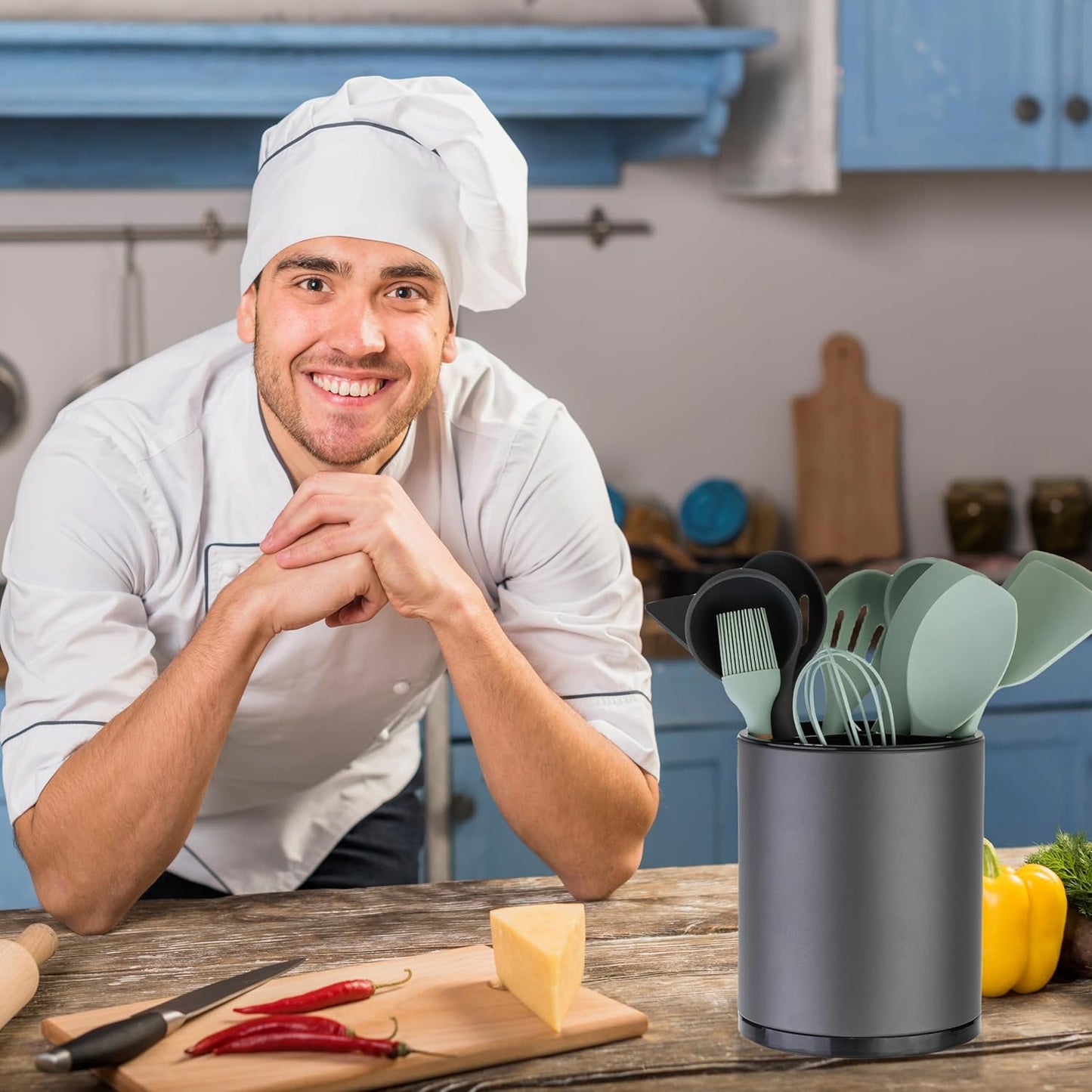 Kitchen Utensil Holder Extra Large 360°Rotating For Counter Organizer Stainless Steel Storage Cooking Silverware Caddy 3 Compartment Flatware Spoon Spatula Tool Cutlery Container(Grey)