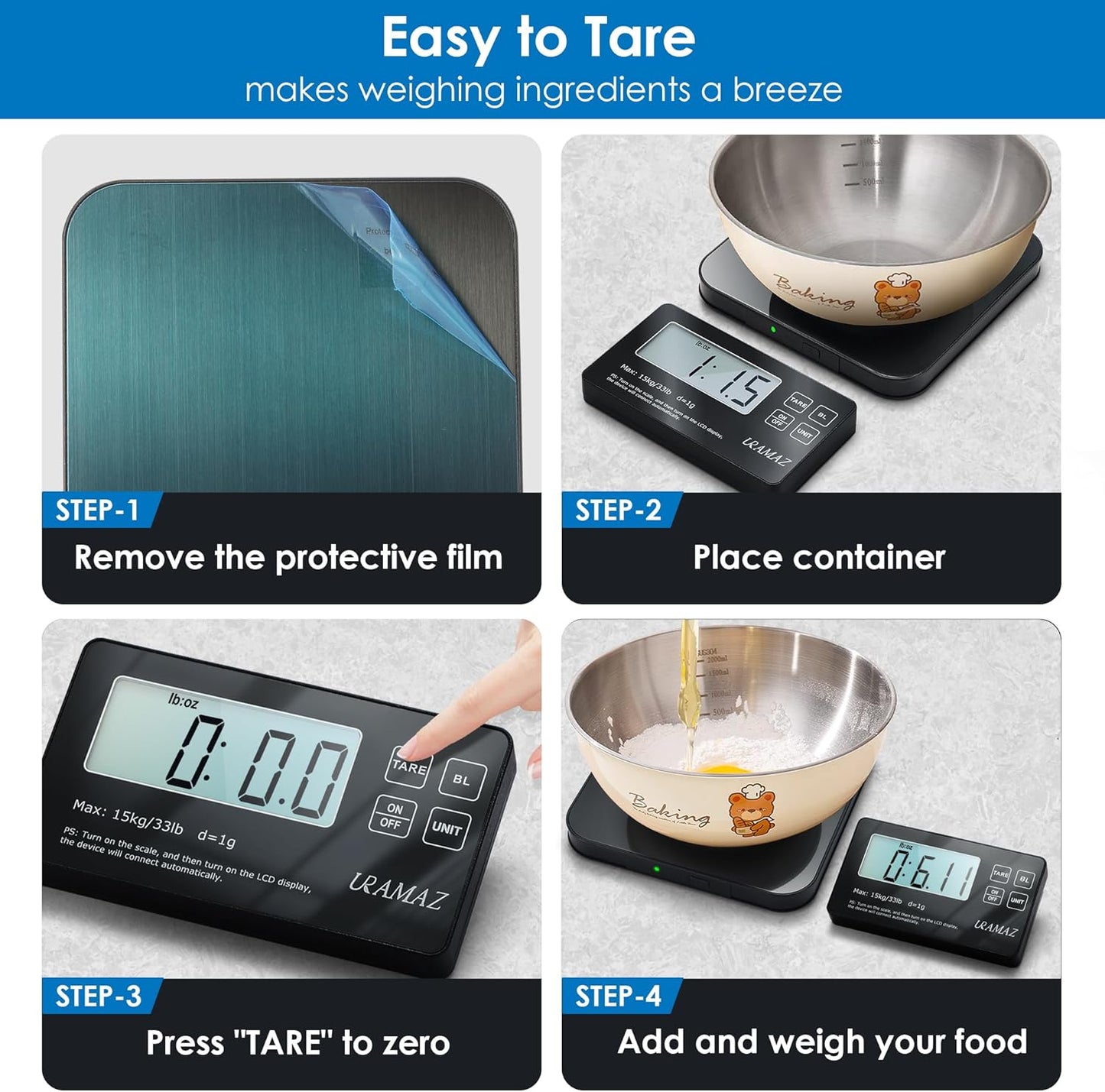 Food Scale with Detachable Display, 33lb Stainless Steel Kitchen Scales Digital Weight Grams and Ounces, Digital Food Scales for Kitchen, Baking Scale for Sourdough Bread Cooking, Weight Loss 1g/0.1oz