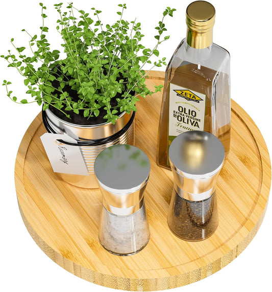 Lazy Susan Organizer, 9 Inch Non-Skid Bamboo Lazy Susan for Table Storage Napkin Holder Vase, Wood Turntable for Kitchen Countertop Organizer