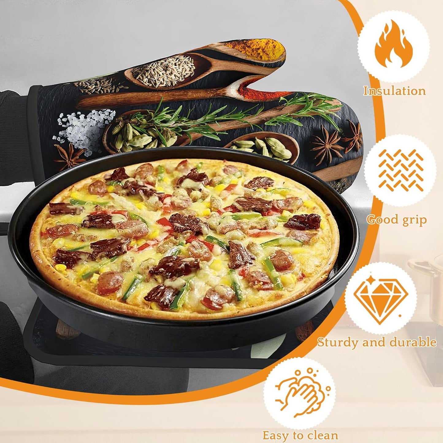 Cooking Herbs Spices Oven Mitts and Pot Holders Set,Kitchen Oven Gloves and Pot Holder with Heat Resistant Non Slip for Cooking Baking Grilling(4 Piece Set)