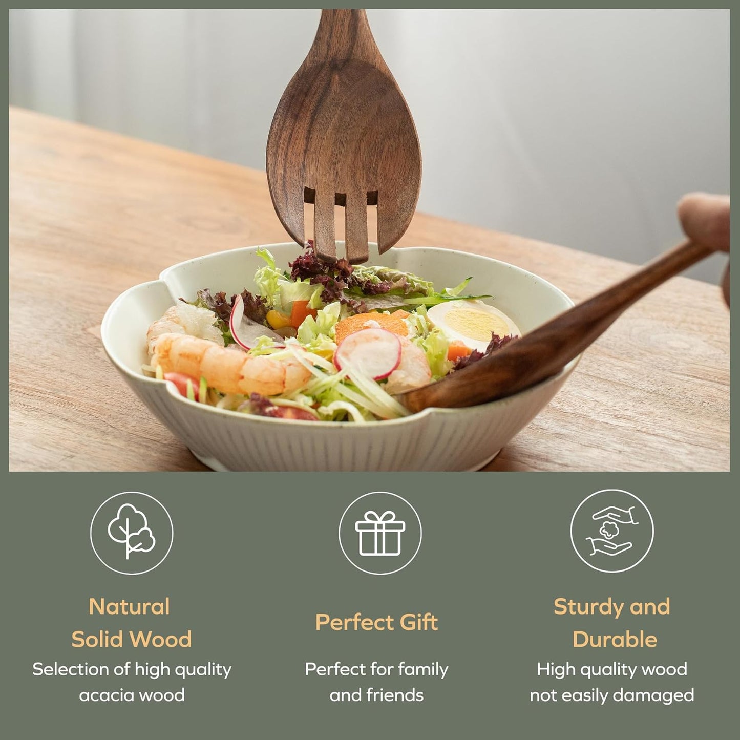 Muso Wood Acacia Salad Servers, 12-inch Wooden Salad Tongs for Serving Salad Mixes, Set of 2 (Acacia salad servers)