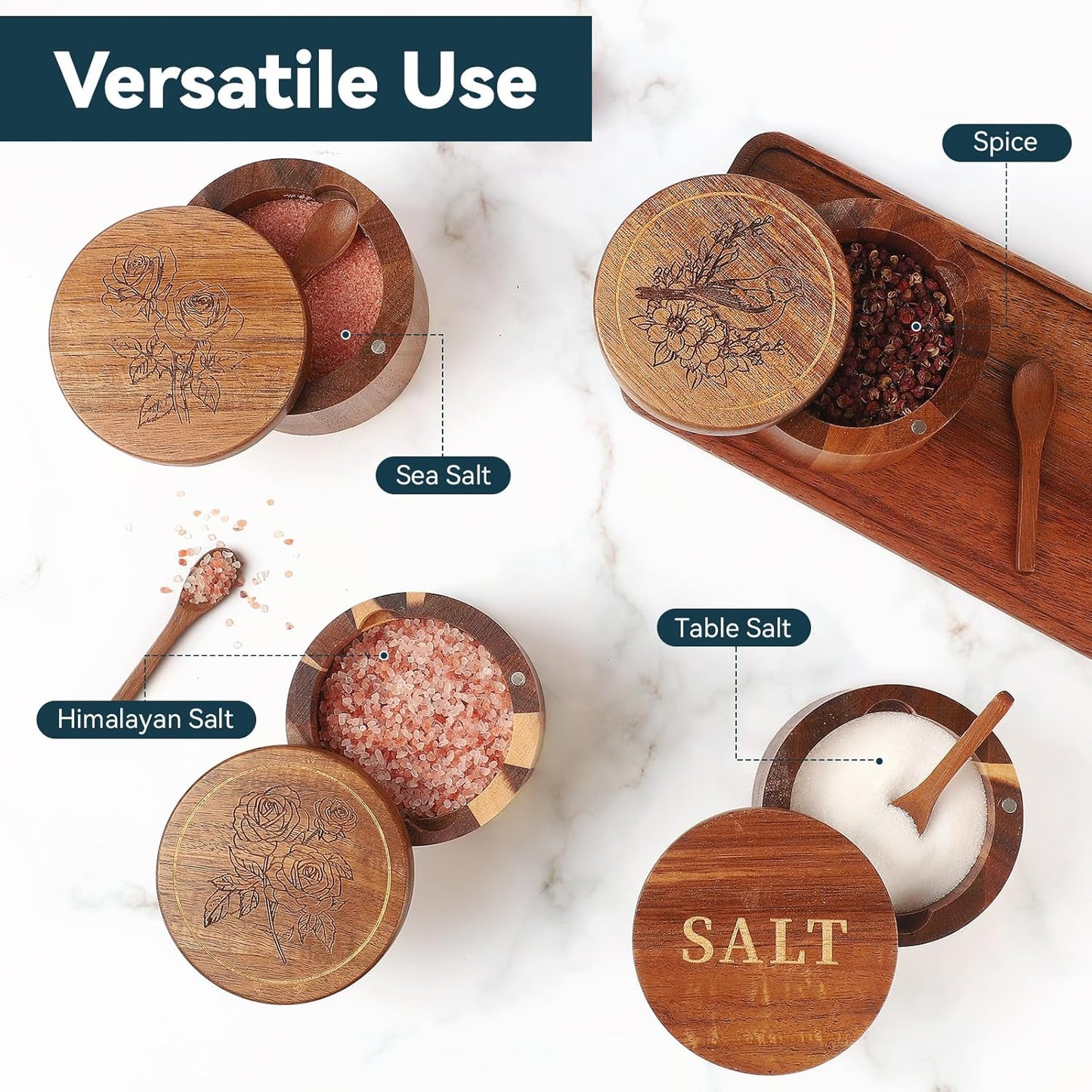 Salt Cellar, 2PCS Salt Container Acacia Wood Salt and Pepper Box for Countertop with Built-in Spoon & Swivel Lid, Wood Salt Holder Bowl for Kitchen, Seasoning Storage (Rose & Bird Engraving)