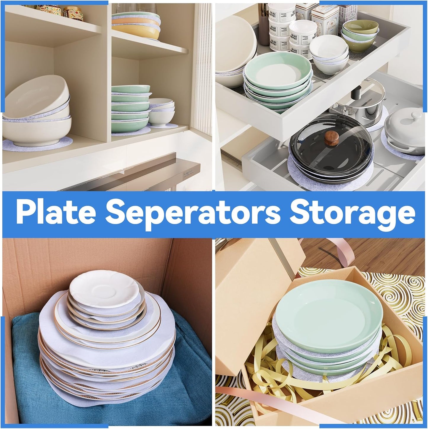 Imncya Plate China Storage Dividers, 150-Piece with 3 Different Sizes, Thick and Premium Soft Felt Plate Dividers for China, Dish, Coffee Saucers Protecting and Stacking - White