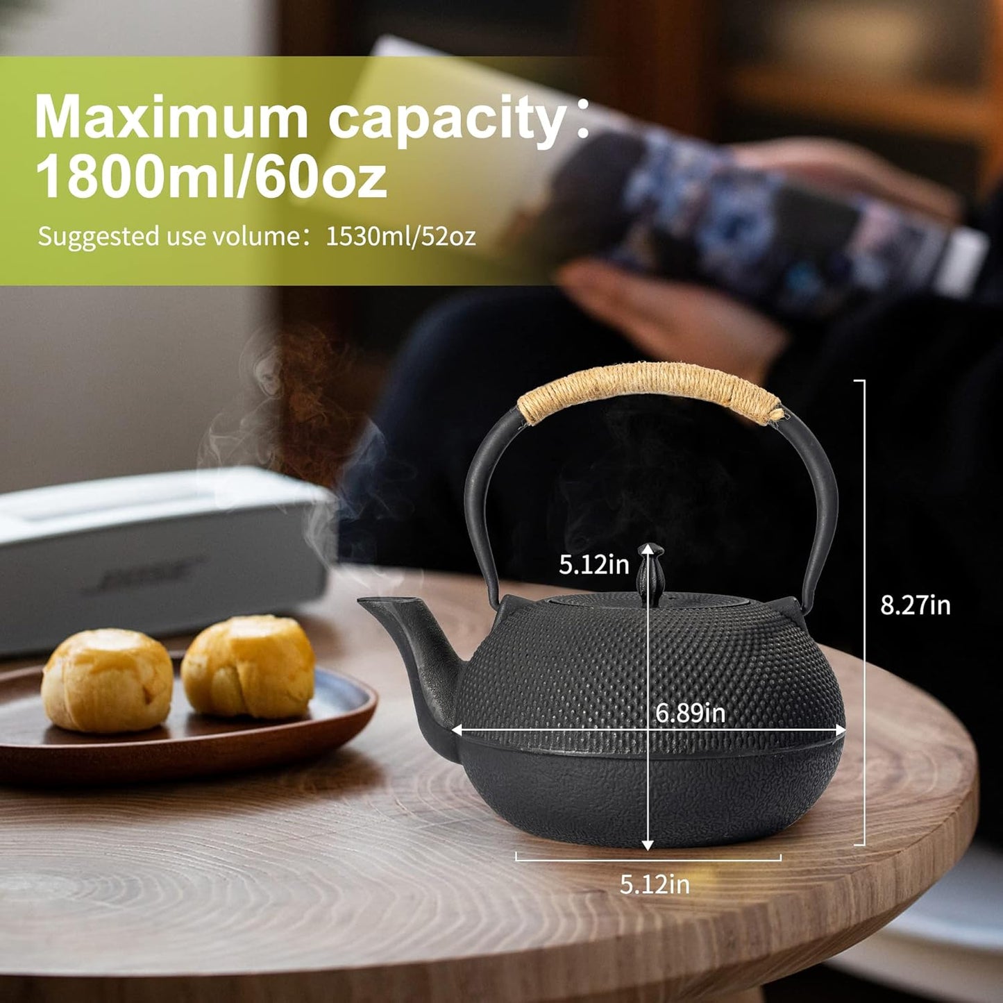 suyika Japanese Tetsubin Tea Kettle Cast Iron Teapot with Stainless Steel Infuser 60 oz/1800 ml