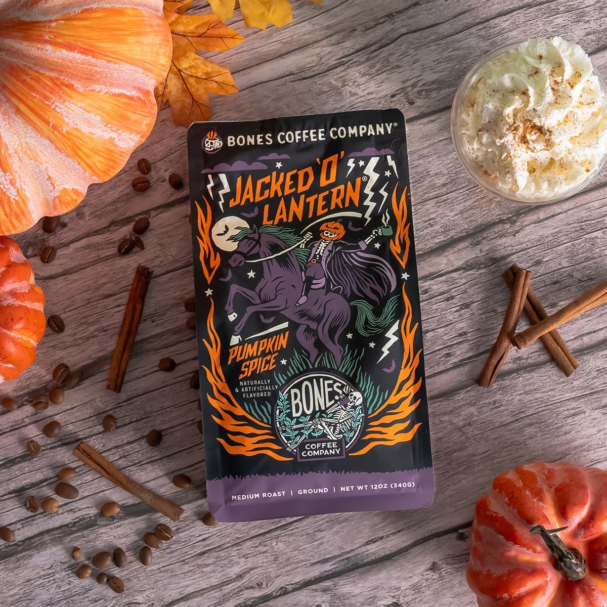 Bones Coffee Company Jacked 'O' Lantern, Pumpkin Spice Flavored Coffee, Medium Roast Low Acid Arabica Beans Compatible with Auto drip and French Press Coffee Maker, 12 Oz Whole Bean