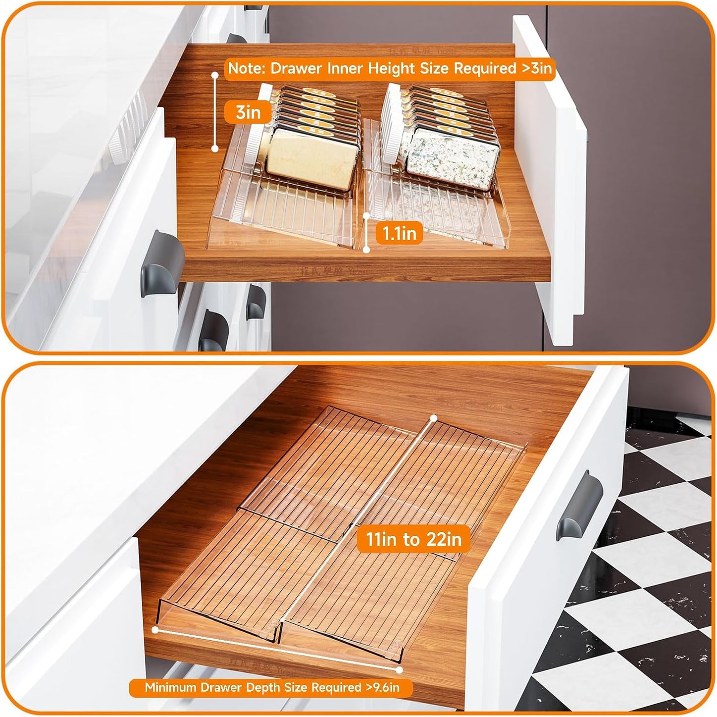 Yieach 4 Pack Adjustable In Drawer Spice Organizer - Expandable From 11'' to 22'' - Acrylic Drawer Seasoning Organizer,Clear Spice Organization Tray for Cabinet Drawers Condiment,Nail Polish and Jar