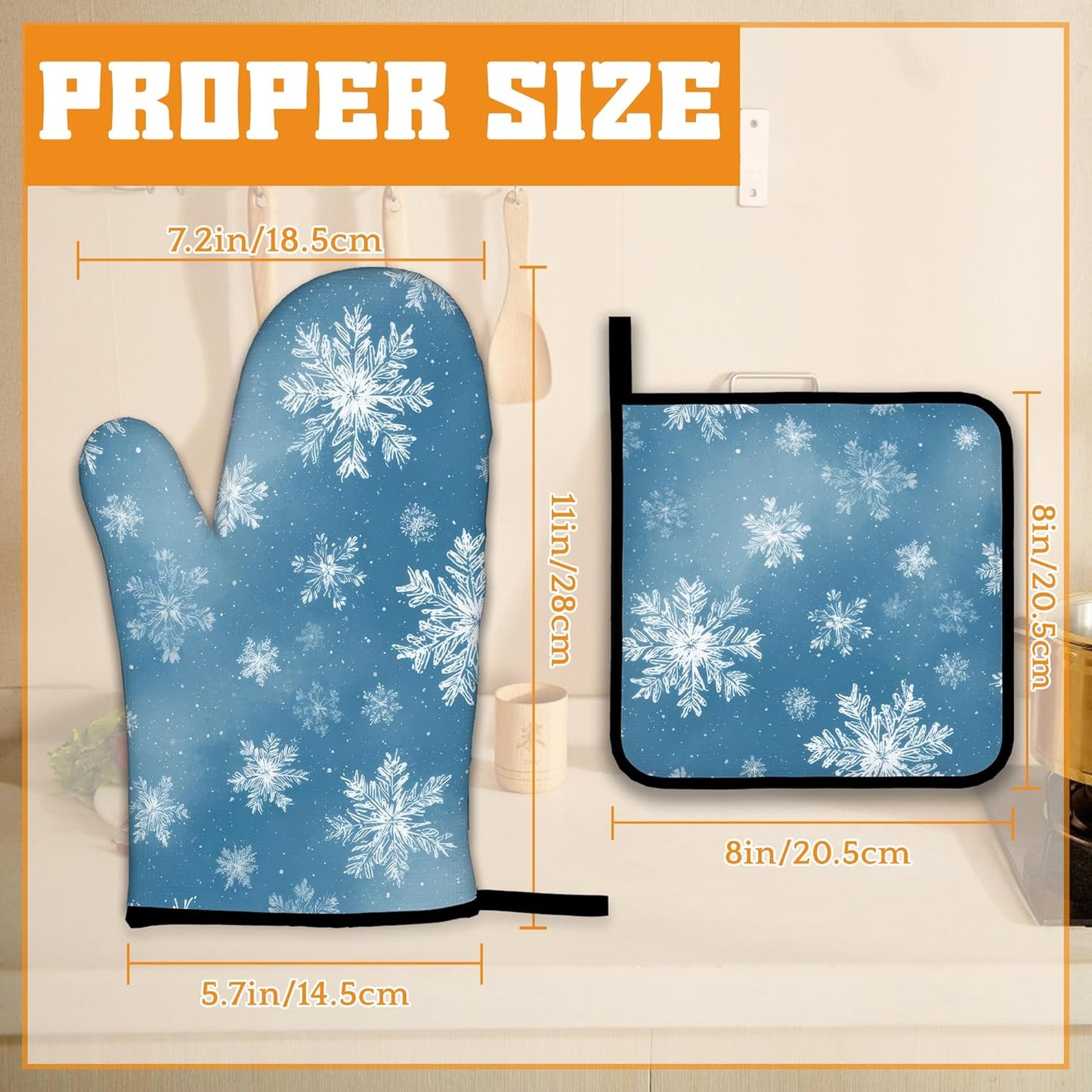 Snowflakes Oven Mitts and Pot Holders,Christmas Heat Resistant Oven Mitts Gloves and Pot Holder for Home Kitchen Decorations Cooking Baking BBQ Gifts,Set of 4