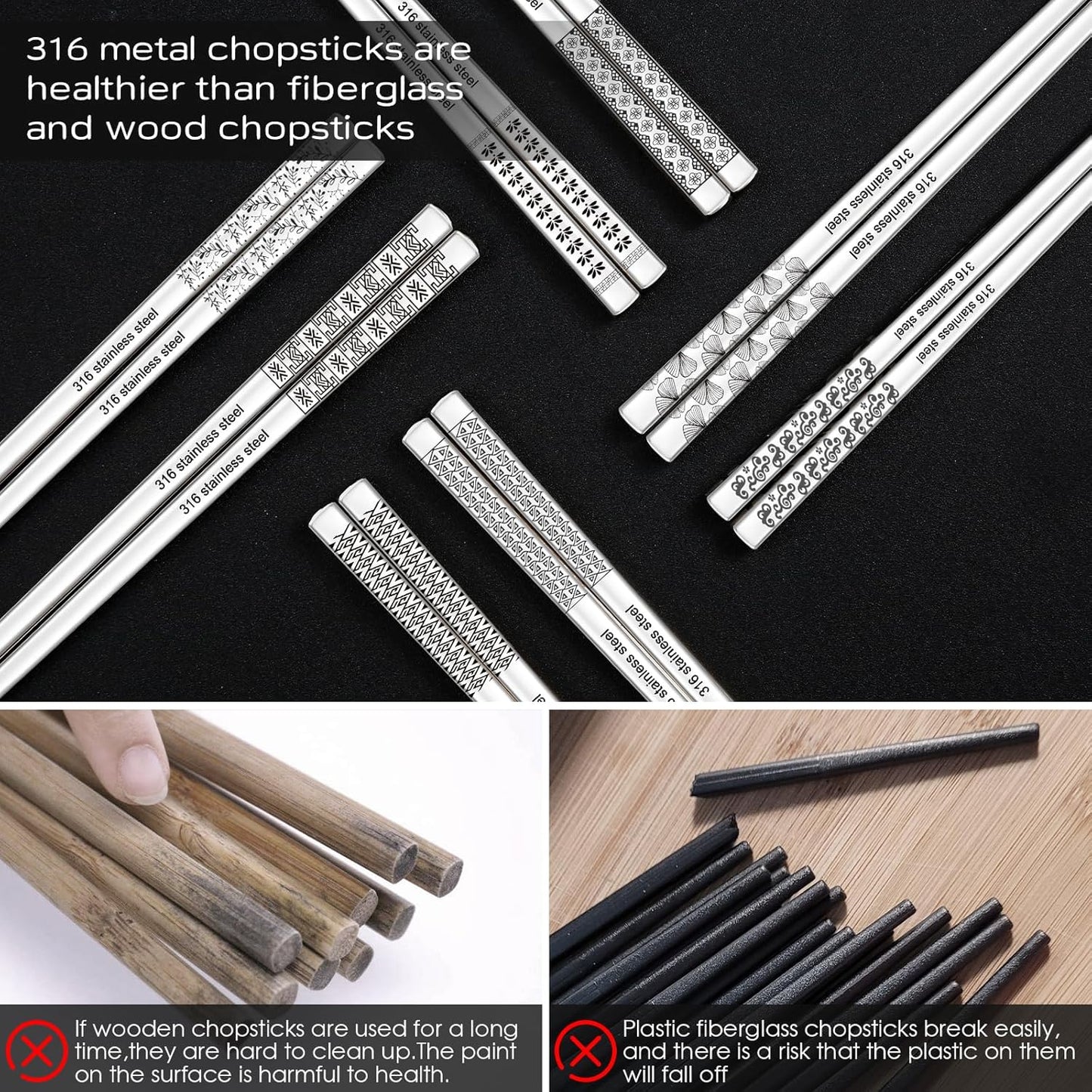 8 Pairs Metal Chopsticks Reusable 18/10 Stainless Steel Chopsticks Set Cute Laser Engraved Non-slip Japanese Korean Chinese Chopstick for Cooking Eating Dishwasher Safe 9.25" Chop Sticks Gift Set