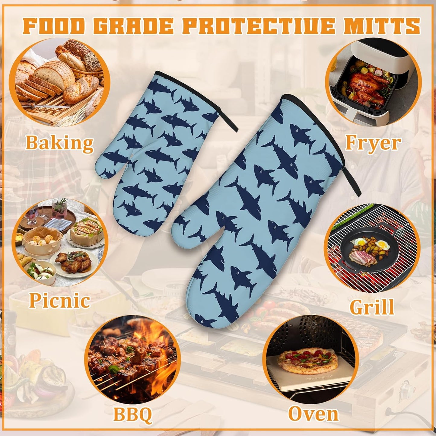 Blue Shark Oven Mitts and Pot Holders,Heat Resistant Oven Mitts Gloves and Pot Holder for Home Kitchen Decorations Cooking Baking BBQ Gifts,Set of 4