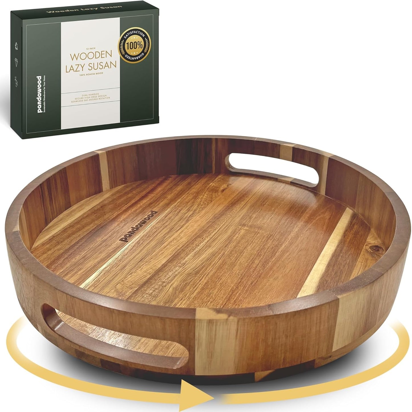 Lazy Susan Turntable Organizer 12 inch - Acacia Wooden Lazy Susan for Table Top, Countertop, Dining Table, Pantry - Kitchen Cabinet Organizer