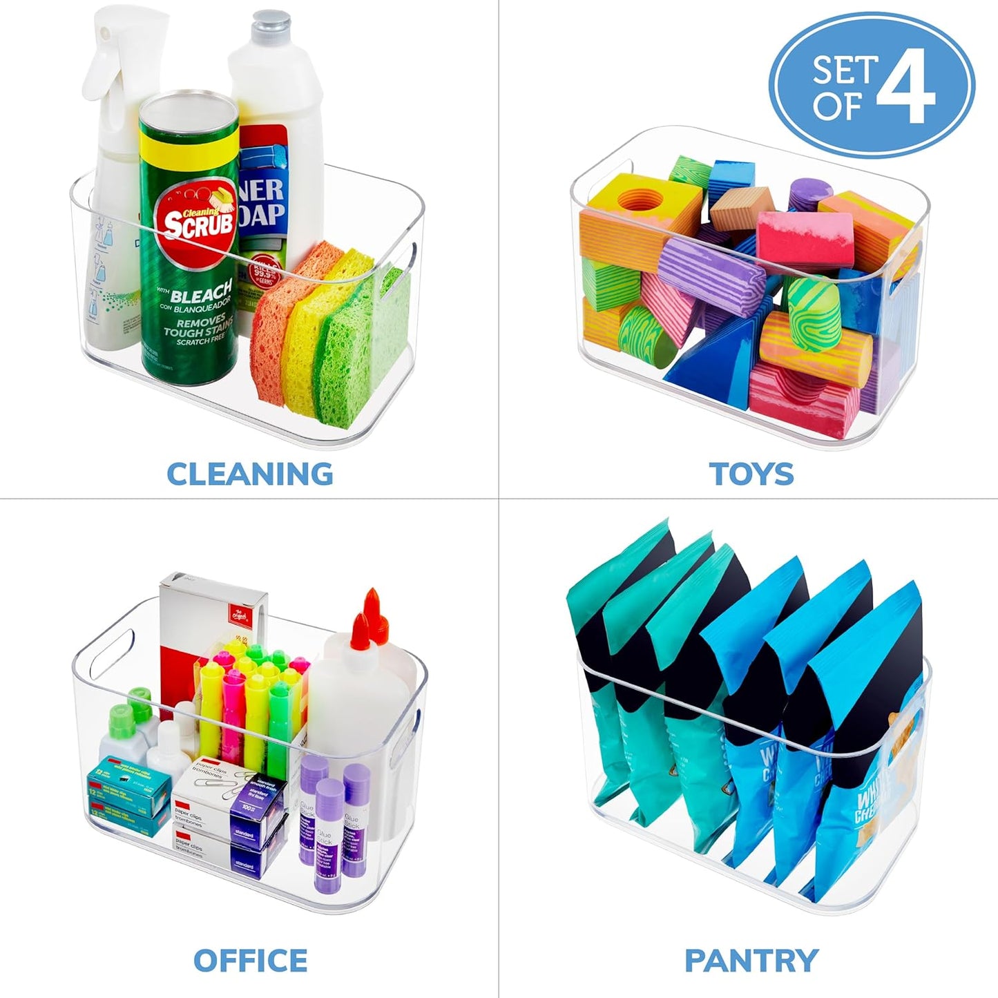 STORi Bliss 10" x 6" Open Clear Pantry Organizer Bin, Set of 4, Plastic Containers with Handle for Kitchen, Fridge, Cabinet, Closet, Bathroom, Undersink Storage Made in USA