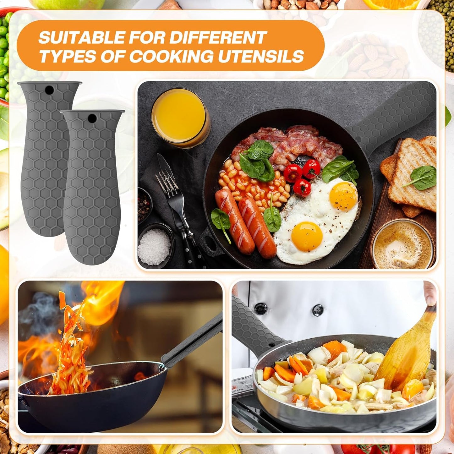Patelai 2pcs Silicone Handle Cover for Cast Iron Skillet Kitchen Silicone Handles for Pots and Pans Non-Slip Pot Holder Sleeve for Fry Pan Griddles Metal Aluminum Cookware(Grey)
