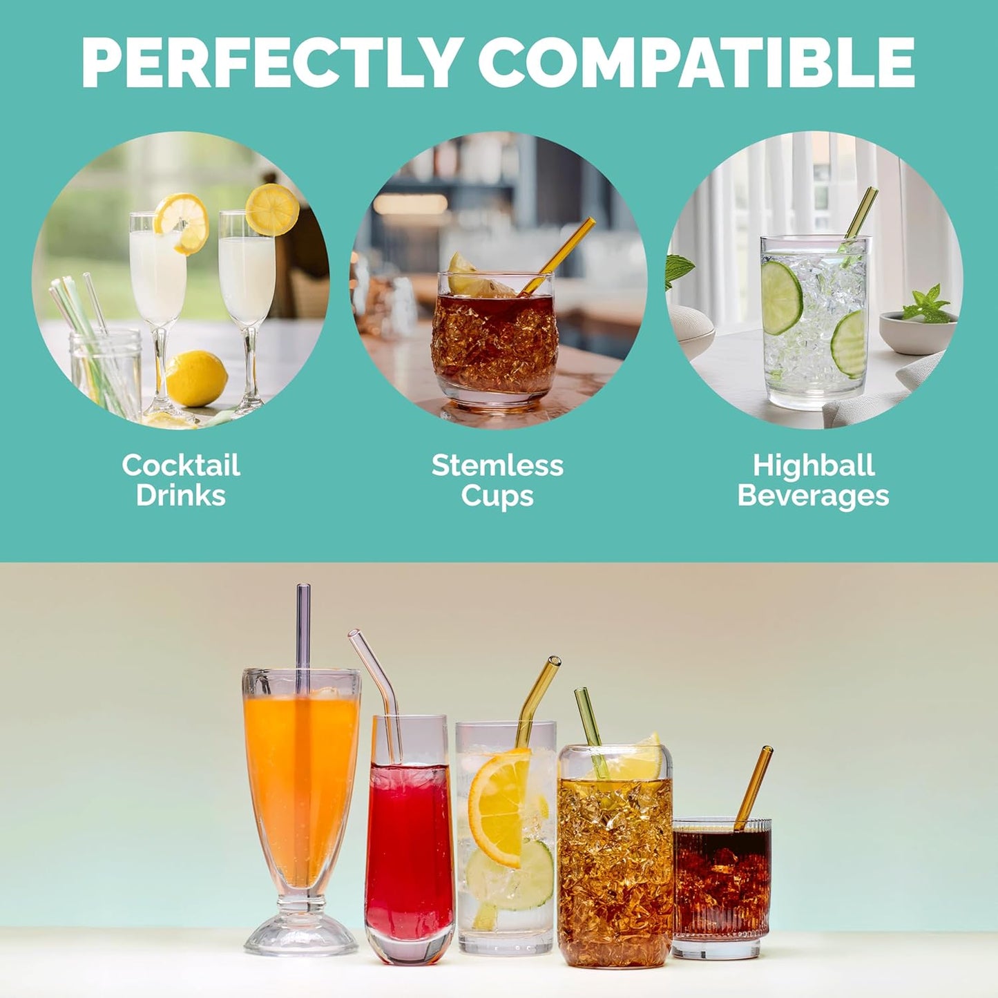 Simply Straws 6 Inch Skinny Glass Straws (6-Pack) - Reusable Cocktail Straws for Mixed Drinks, Low Balls, Coffee & Tea, with Cleaning Brush – Dishwasher Safe, Hot & Cold Use, BPA-Free (Meadow)