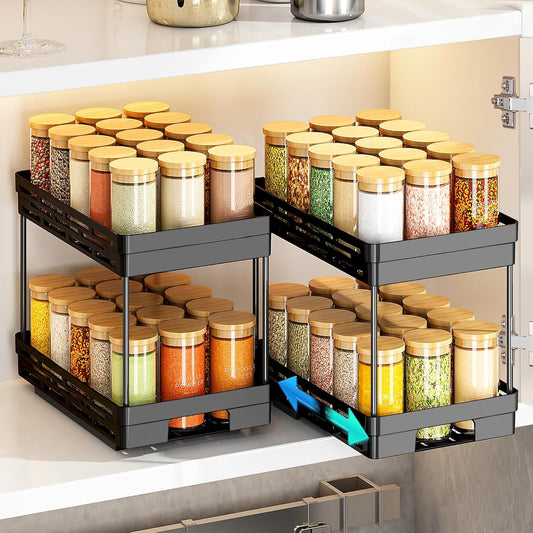 Pull Out Spice Rack Organizer for Cabinet, 2 Pack Widen Slide Out Spice Racks Organizer, Spice Cabinet Organizers, Cabinet Size Need:12'' Highx11'' Deepx6.75'' Wide,Hold 15 Spice Jar Each Tier-2Tier