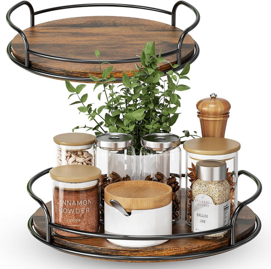 LAMU 2 Pack 9'' 10'' Lazy Susan Turntable Organizer for Table Top Cabinet, Wooden Lazy Susan for Kitchen, Pantry, Countertop, Bathroom Vanity, Spice Organization, Wood Decor