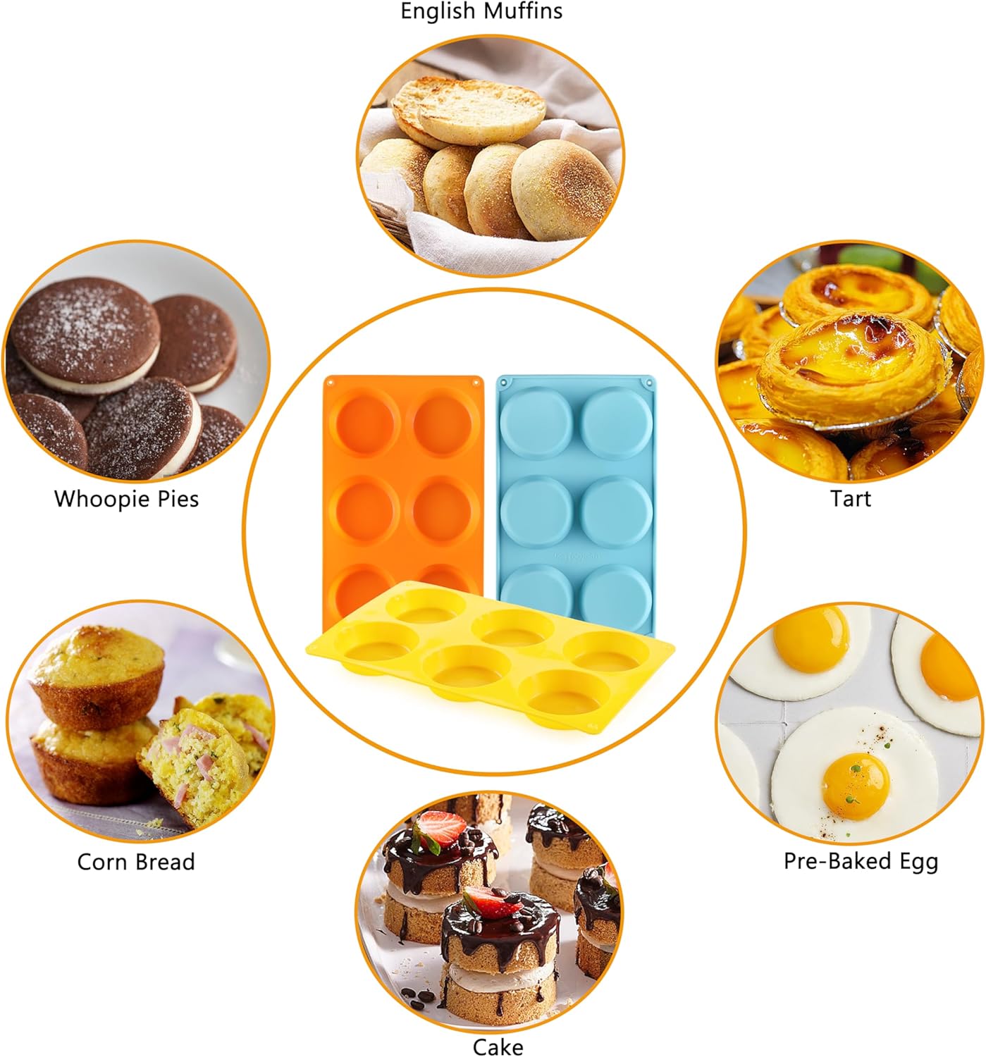 Muffin Top Pan, Silicone Egg Mold for Breakfast Sandwiches, Non-Stick 3" Round Egg Molds for Muffin Top, Whoopie Pies, Corn Bread, Tarts (Set of 3)