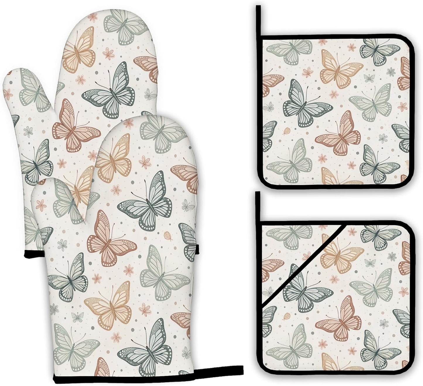 Butterfly Vintage Oven Mitts and Pot Holders Set,Boho Kitchen Decor Heat Resistant Non Slip Hot Pads and Oven Mitt for Chef Cooking Baking BBQ Mom Girl Gifts(4 Piece Set)