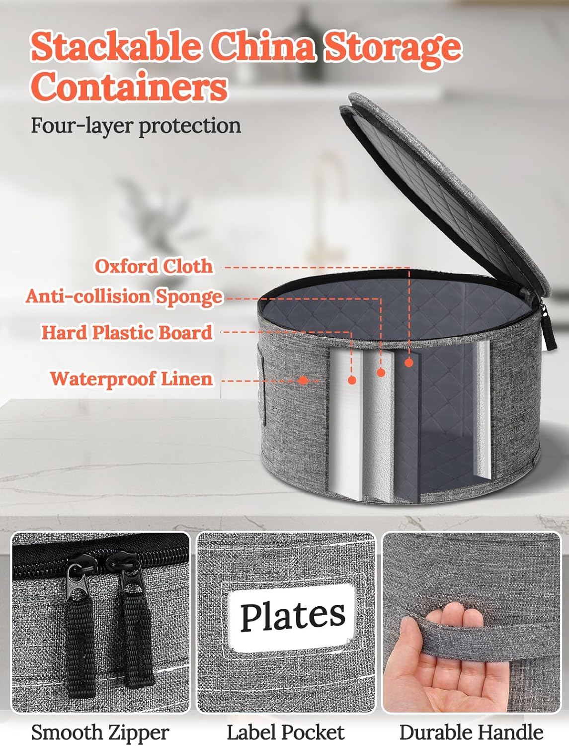 China Storage Containers, 4 Piece Rigid-Shell Dinnerware Storage with Felt Dividers, Stackable Fine China Storage for Plates, Bowls, Glassware, Kitchen Dish Organizer for Moving