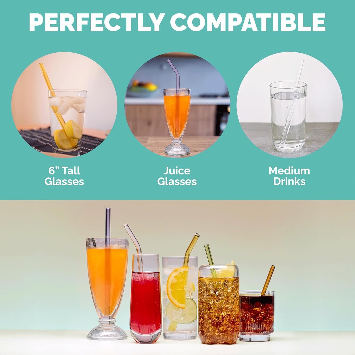 Simply Straws 8 Inch Glass Straws Straight (6-Pack) – Reusable Glass Straws for Pints & Juice Drinkware, with Cleaning Brush – Dishwasher Safe, Hot & Cold Use, BPA-Free (Fjord Mist)