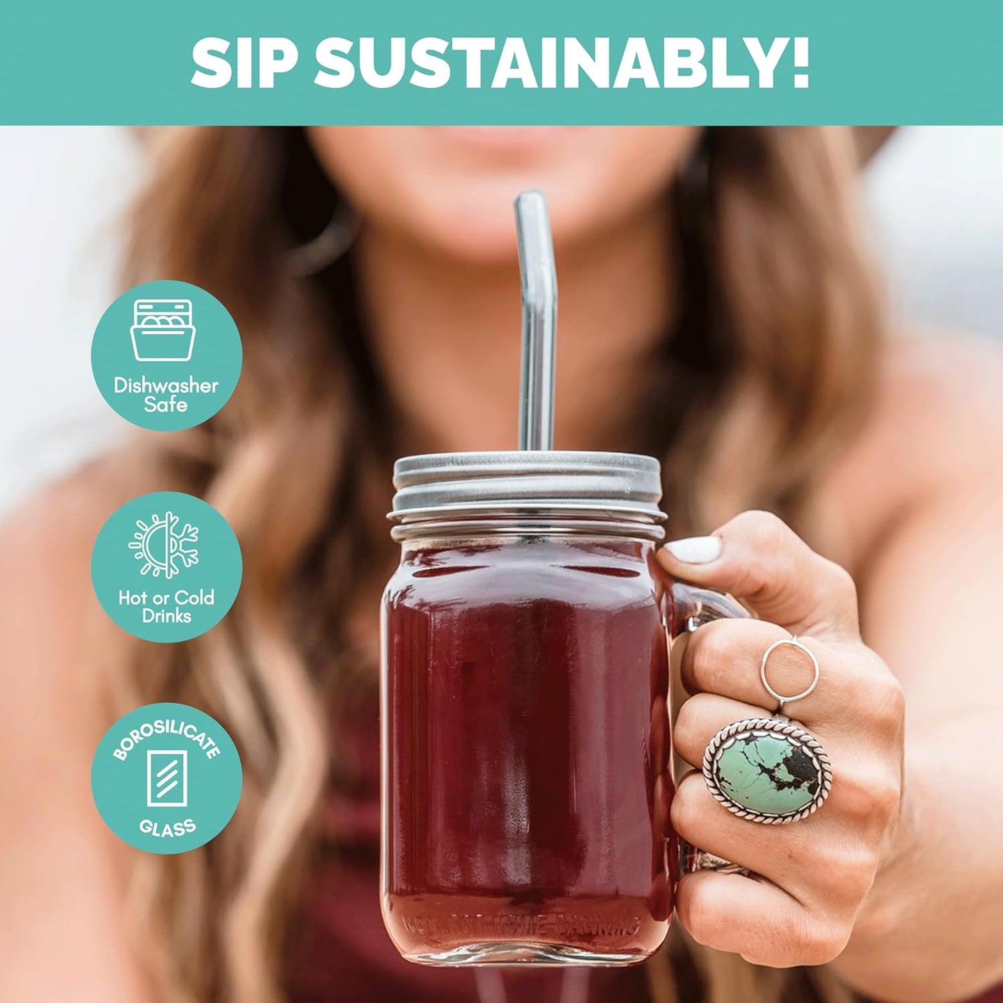 Simply Straws 8 Inch Glass Straws Bent (6-Pack) – Reusable Glass Straws for Pints & Juice Drinkware, with Cleaning Brush – Dishwasher Safe, Hot & Cold Use, BPA-Free (Seaglass)