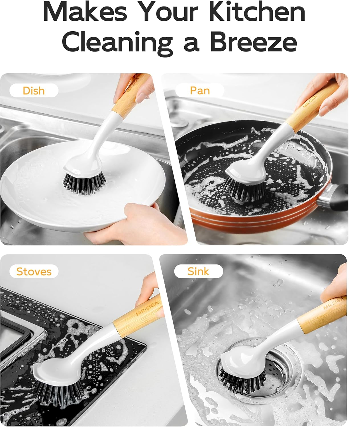 MR.SIGA Dish Brush with Handle, Dish Scrub Brush with Built-in Scraper, Bamboo Dish Brush for Pots and Pans, Kitchen Sink, 2 Pack