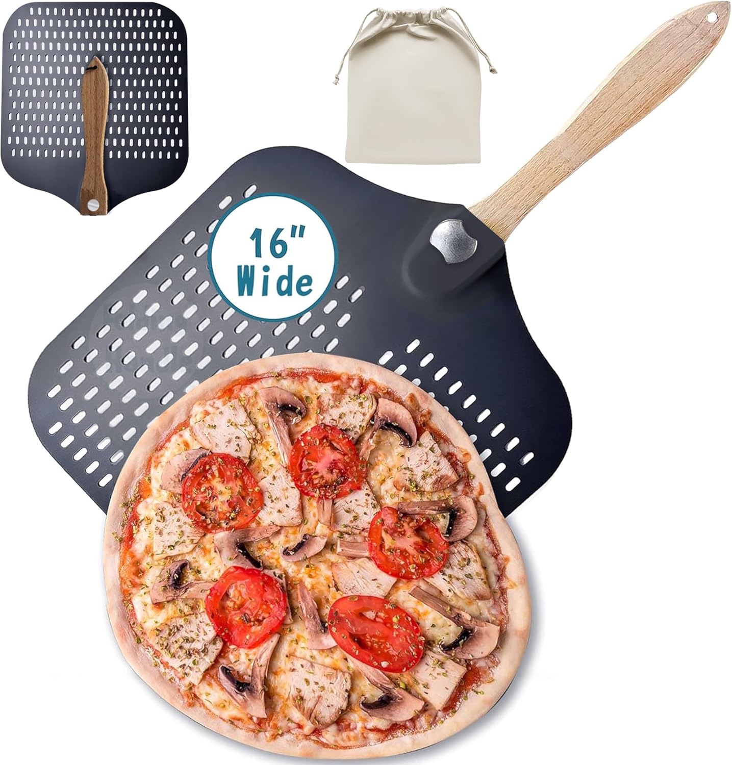 Pizza Peel 16 inch,16" Wx 18" L, Aluminum pizza peel with Foldable Wood Handle and Storage Bag, Non-perforated (16 inch Perforated)