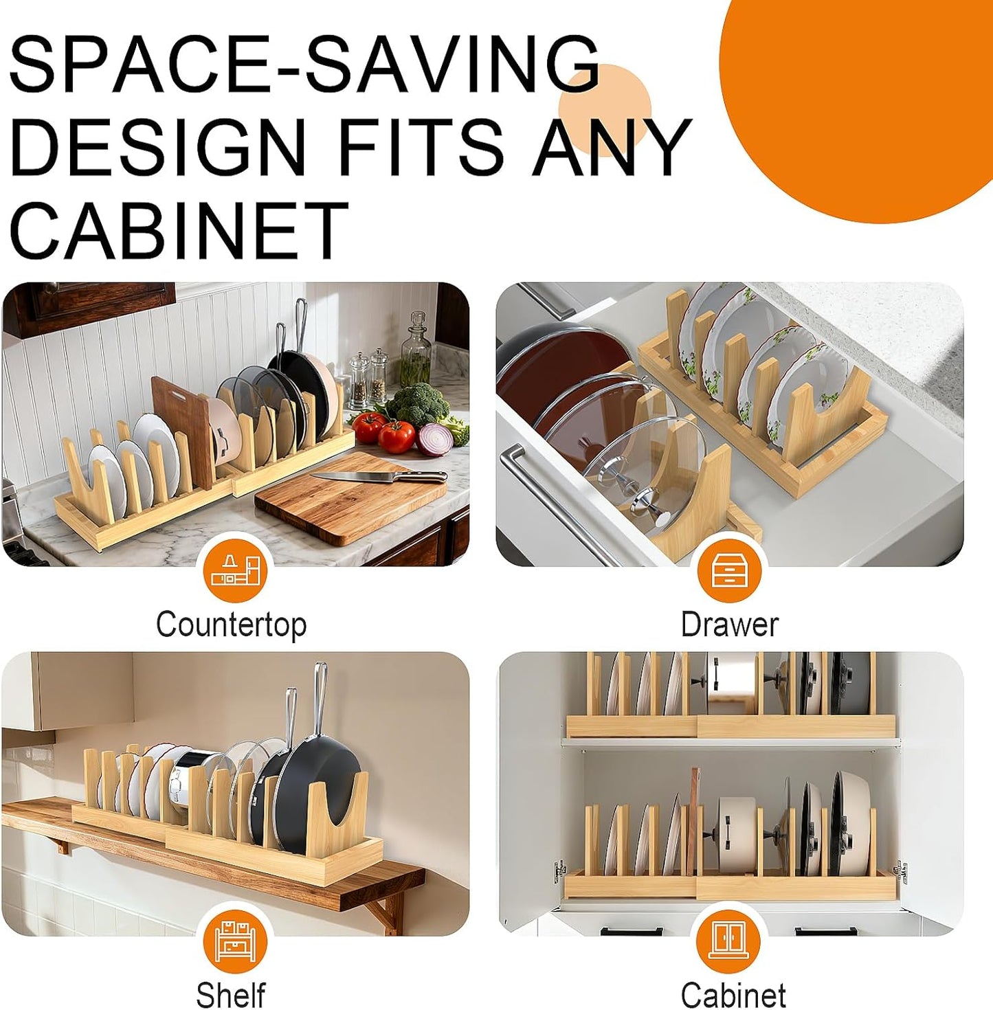 Bamboo Expandable Pot and Pan Organizer Under Cabinet,2-in-1 Kitchen Cabinet Organizer with Adjustable 10 Dividers, Non-Slip Base for Pot Lids Holder, Cutting Board Organizers for Kitchen Storage